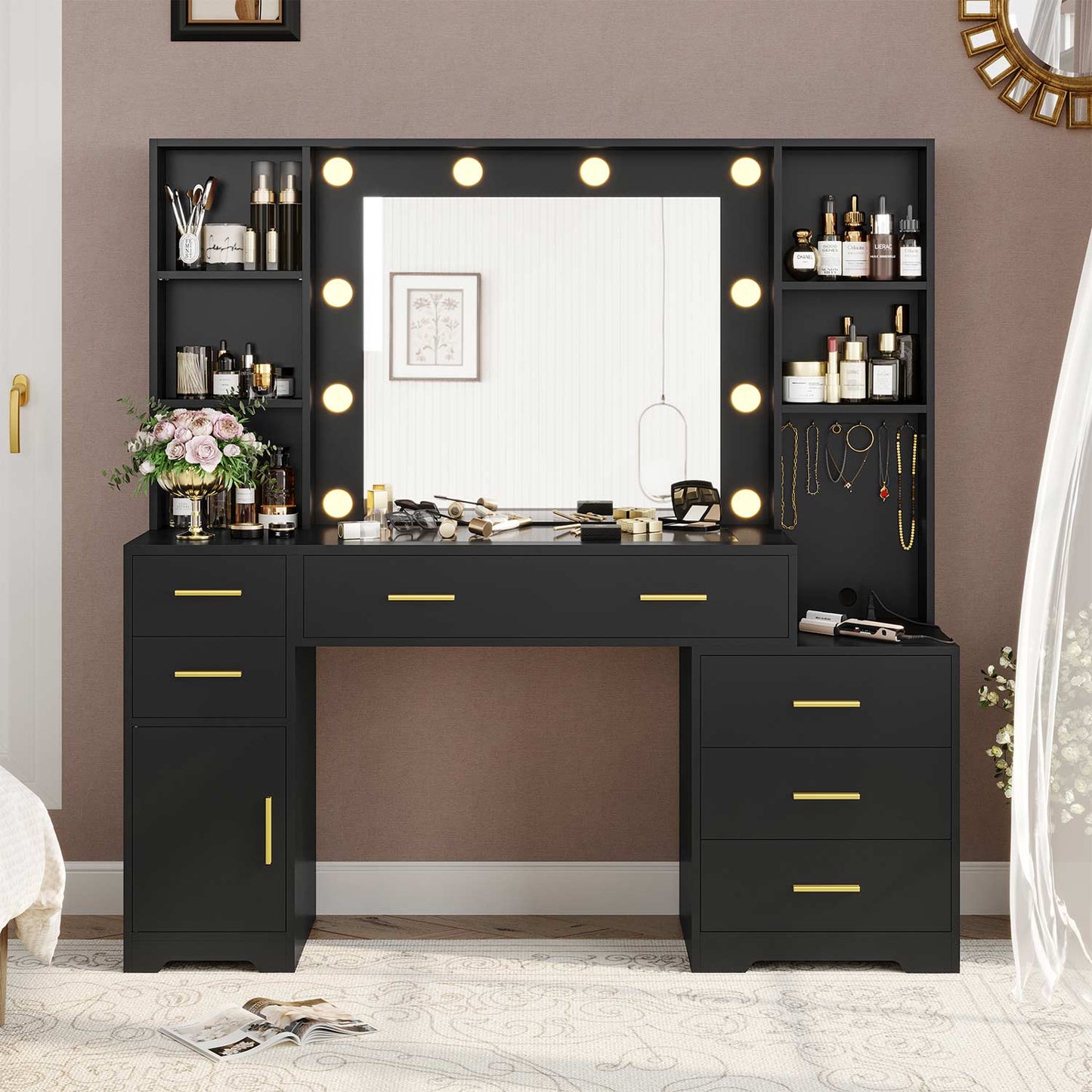 48.8 Inches LED Large Makeup Vanity with Mirror Black