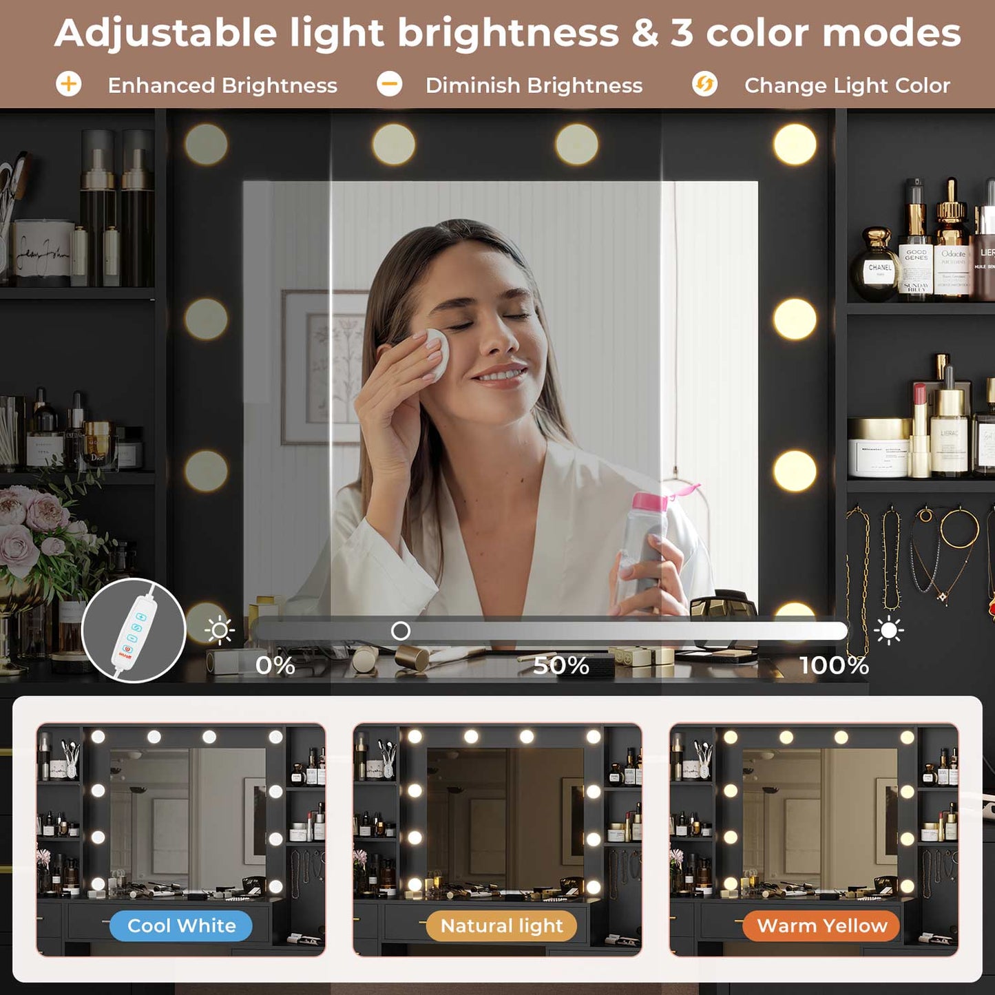 48.8 Inches LED Large Makeup Vanity with Mirror Black