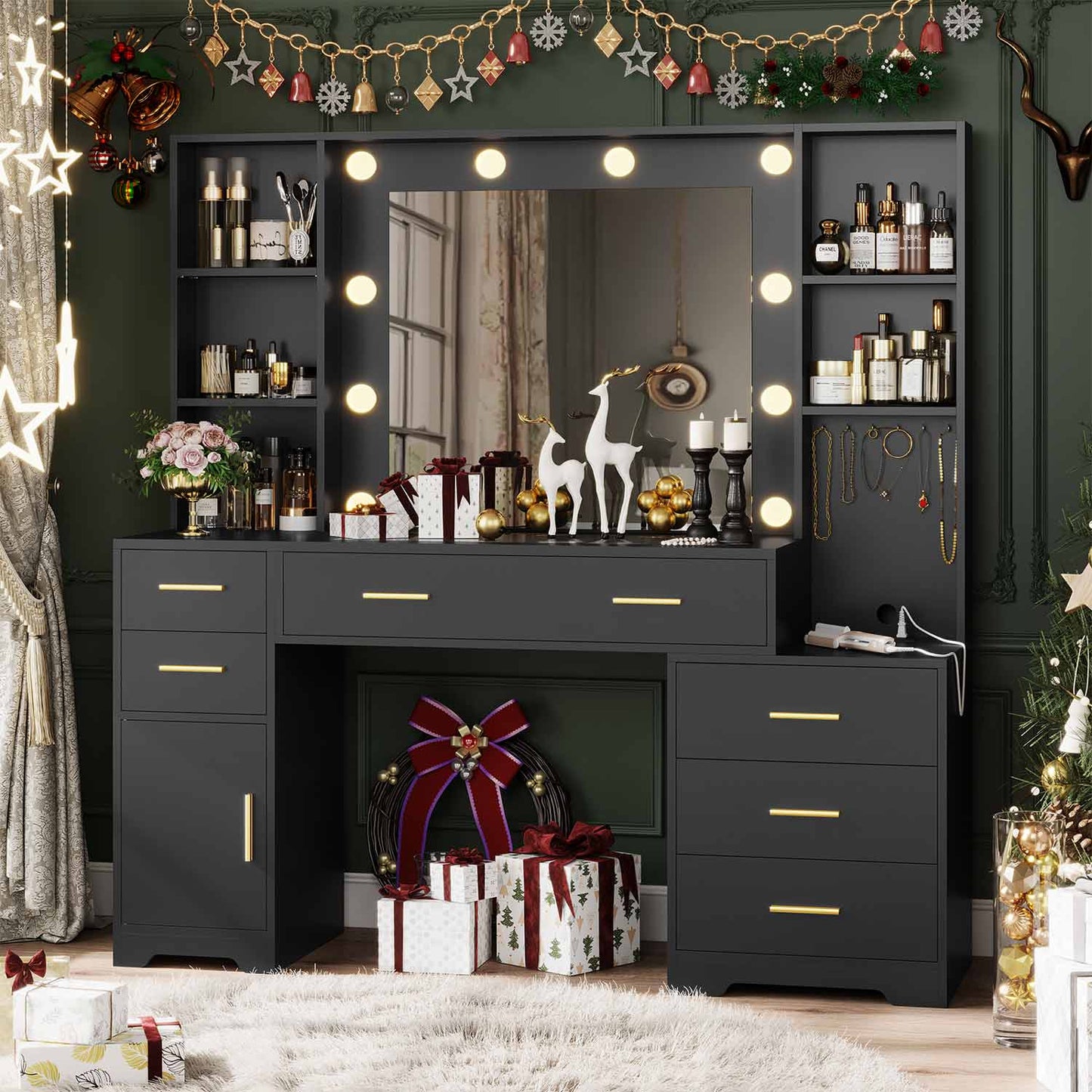 48.8 Inches LED Large Makeup Vanity with Mirror Black