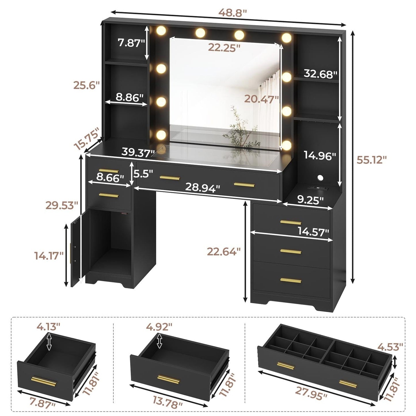 48.8 Inches LED Large Makeup Vanity with Mirror Black