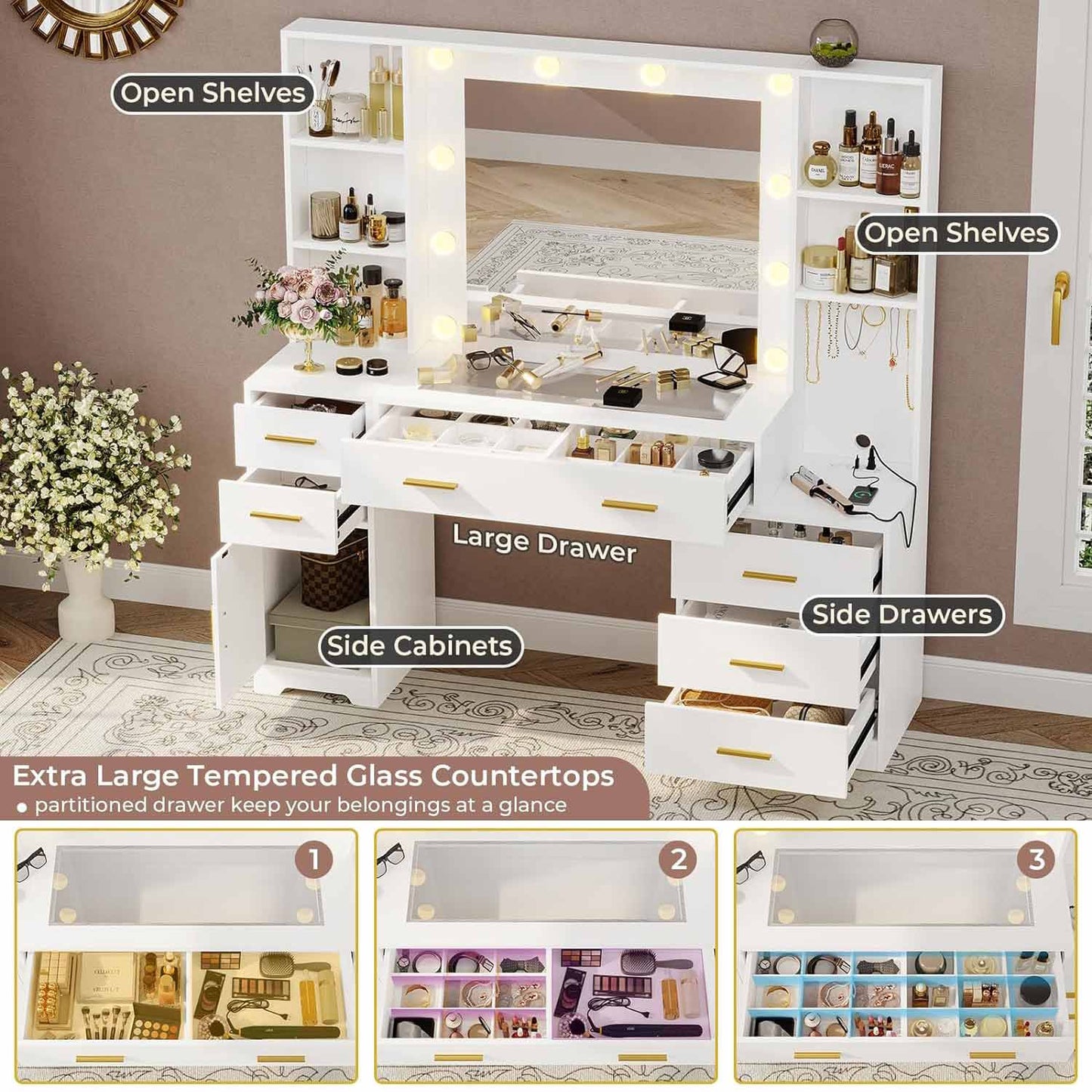 48.8 Inches LED Large Makeup Vanity with Mirror White