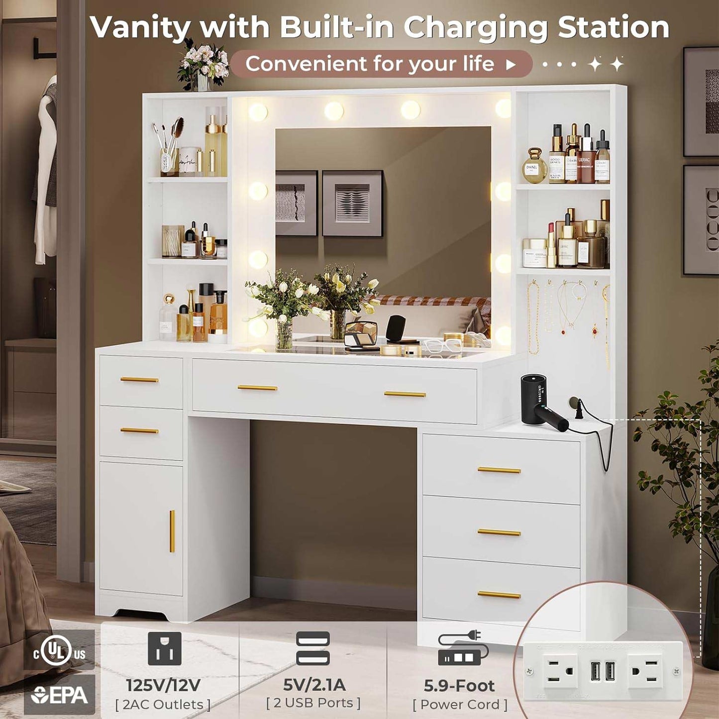 48.8 Inches LED Large Makeup Vanity with Mirror White