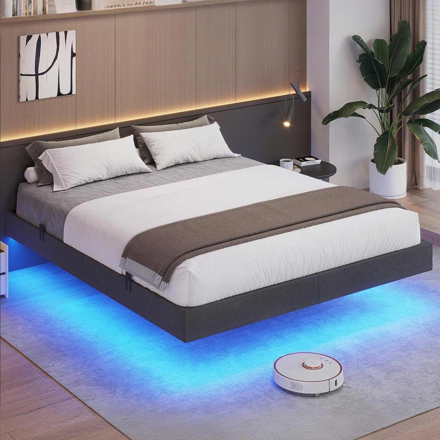 Floating Linen Upholstered Platform Bed Frame Dark Grey