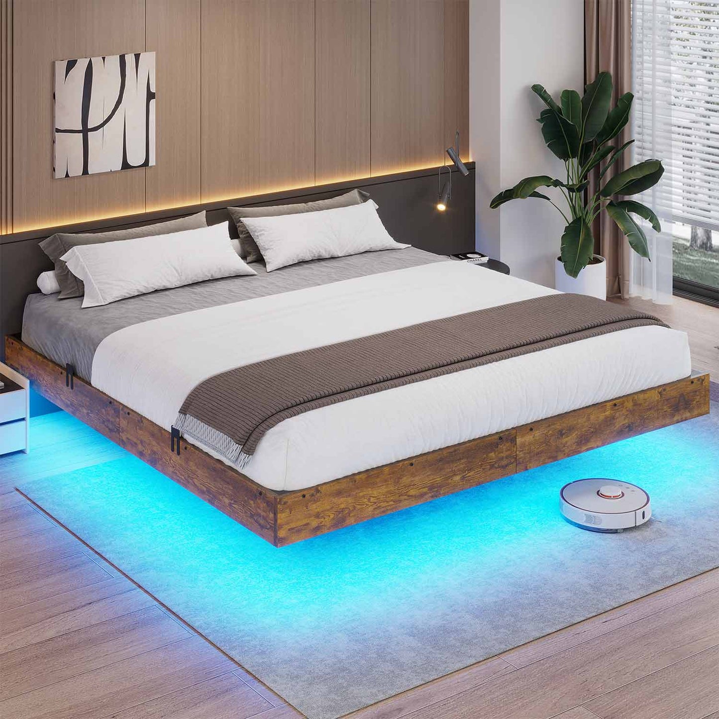 Floating Industrial Wooden Metal Platform Bed Frame Brown