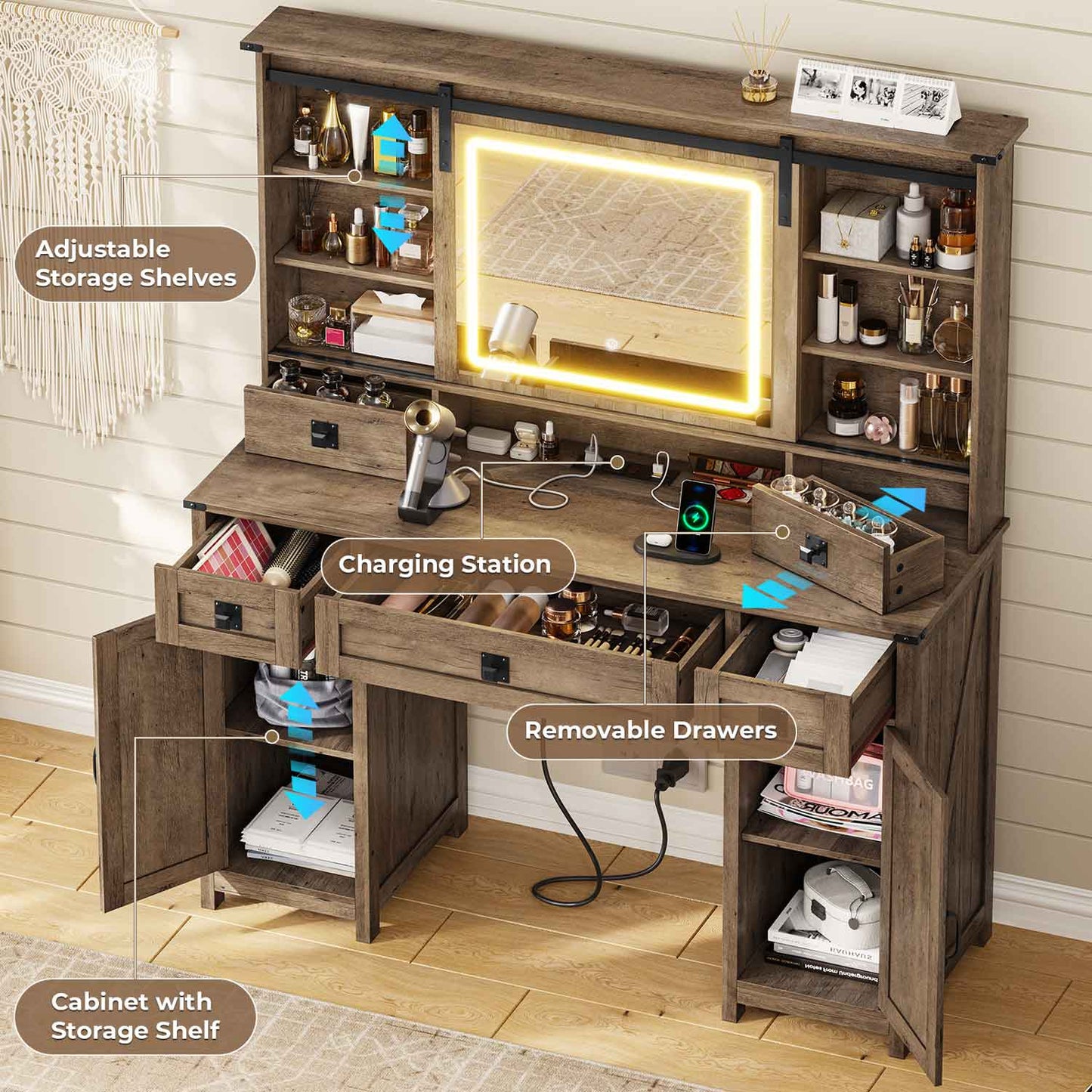 Makeup Vanity with Sliding Mirror LED Lights Brown