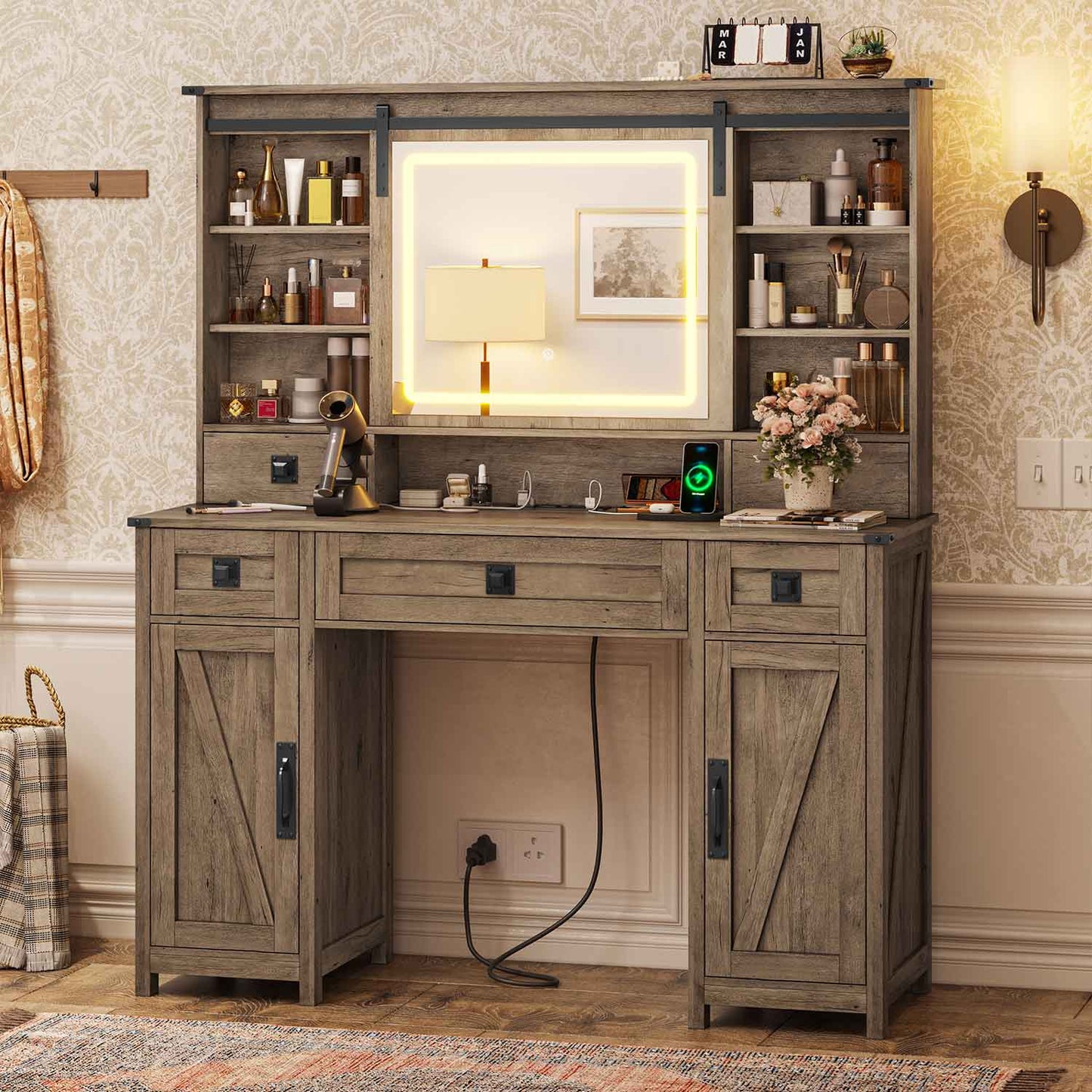 Makeup Vanity with Sliding Mirror LED Lights Brown