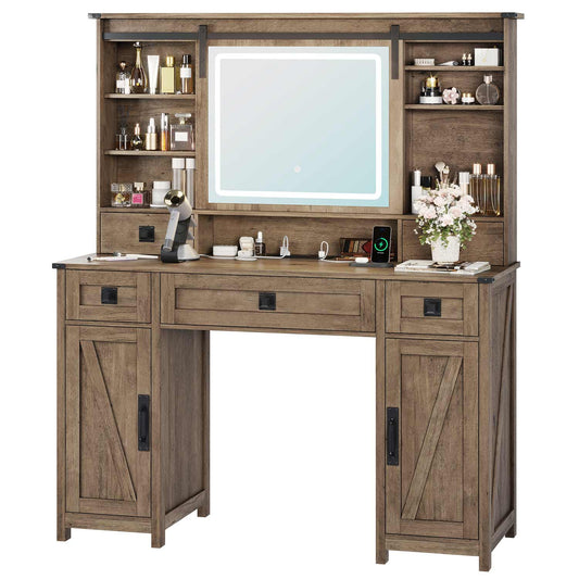 Makeup Vanity with Sliding Mirror LED Lights Brown