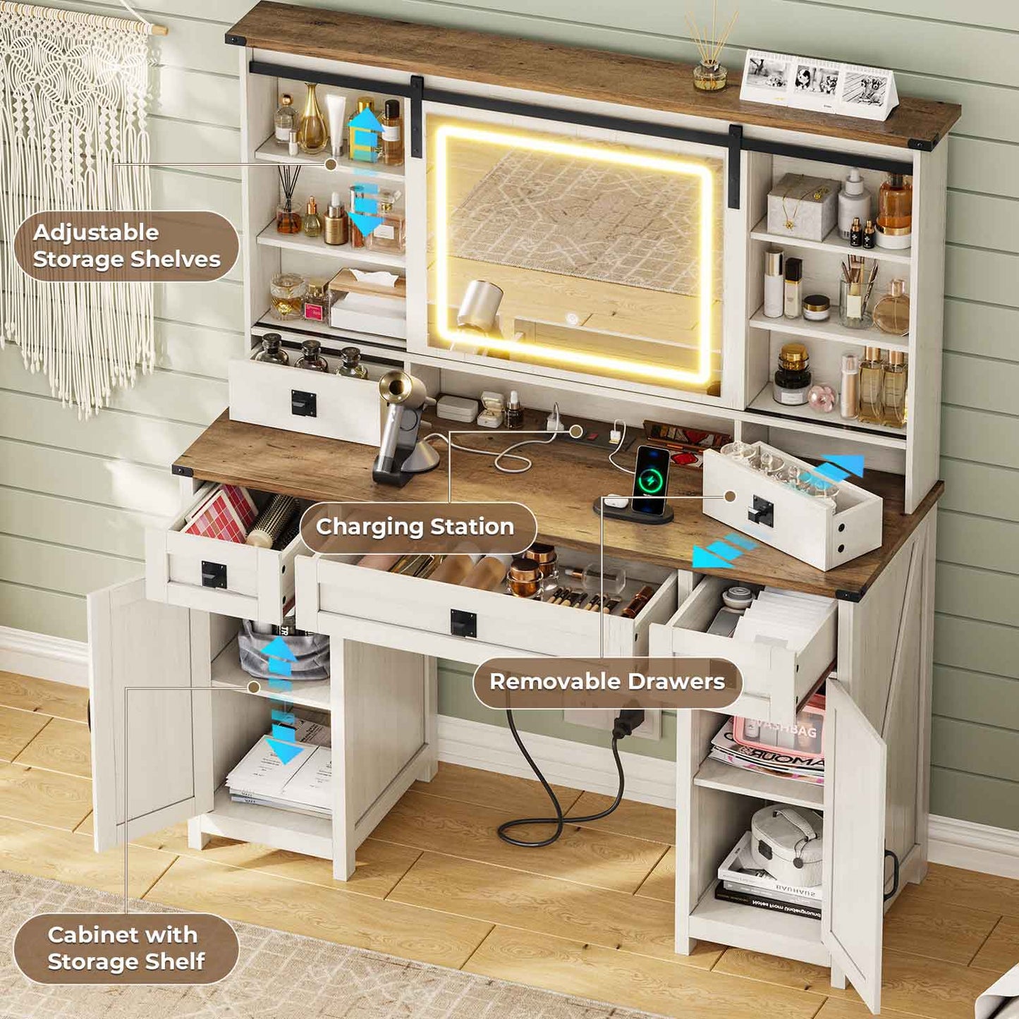 Makeup Vanity with Sliding Mirror LED Lights White
