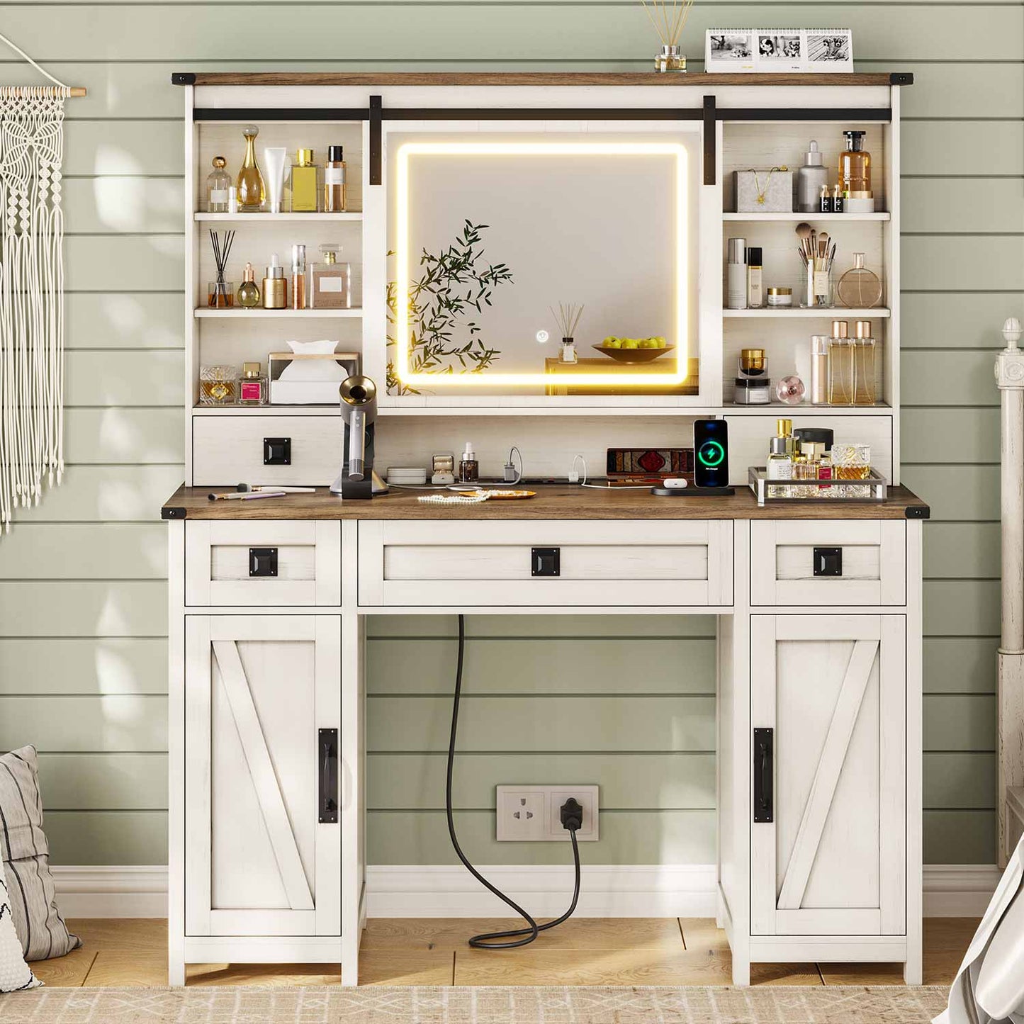 Makeup Vanity with Sliding Mirror LED Lights White