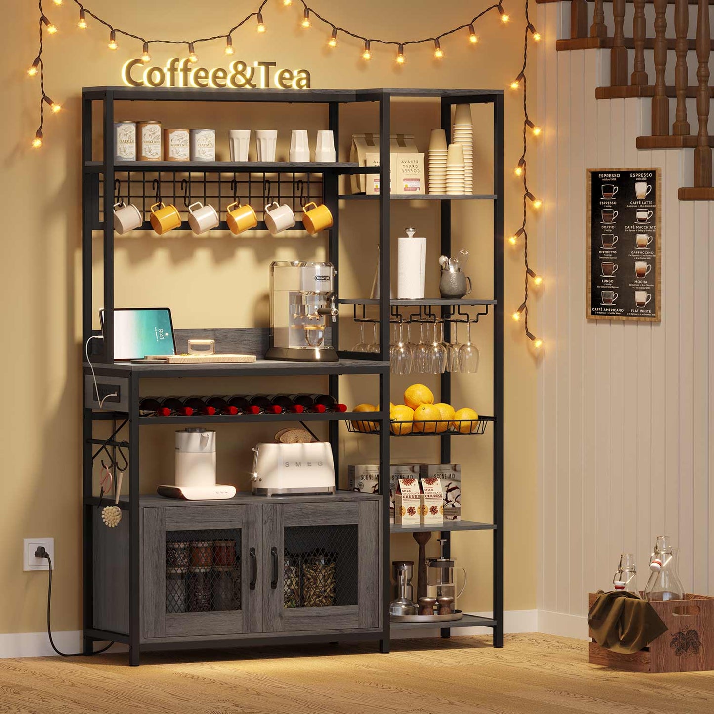 Coffee Bar Bakers Rack Grey