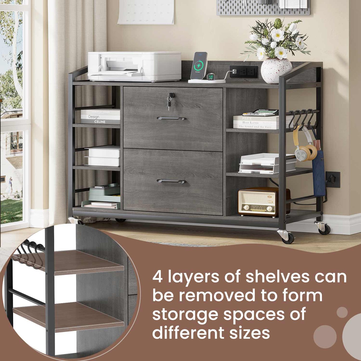 44 Inches File Cabinet with 2 Drawers Grey