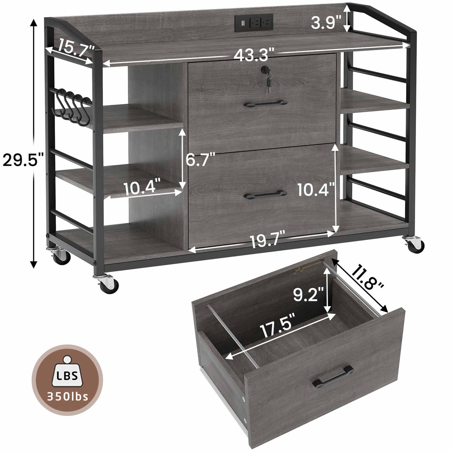 44 Inches File Cabinet with 2 Drawers Grey