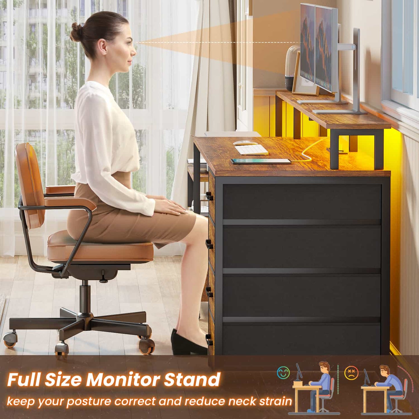 66 inches LED Gaming Desk with Monitor Shelf Brown
