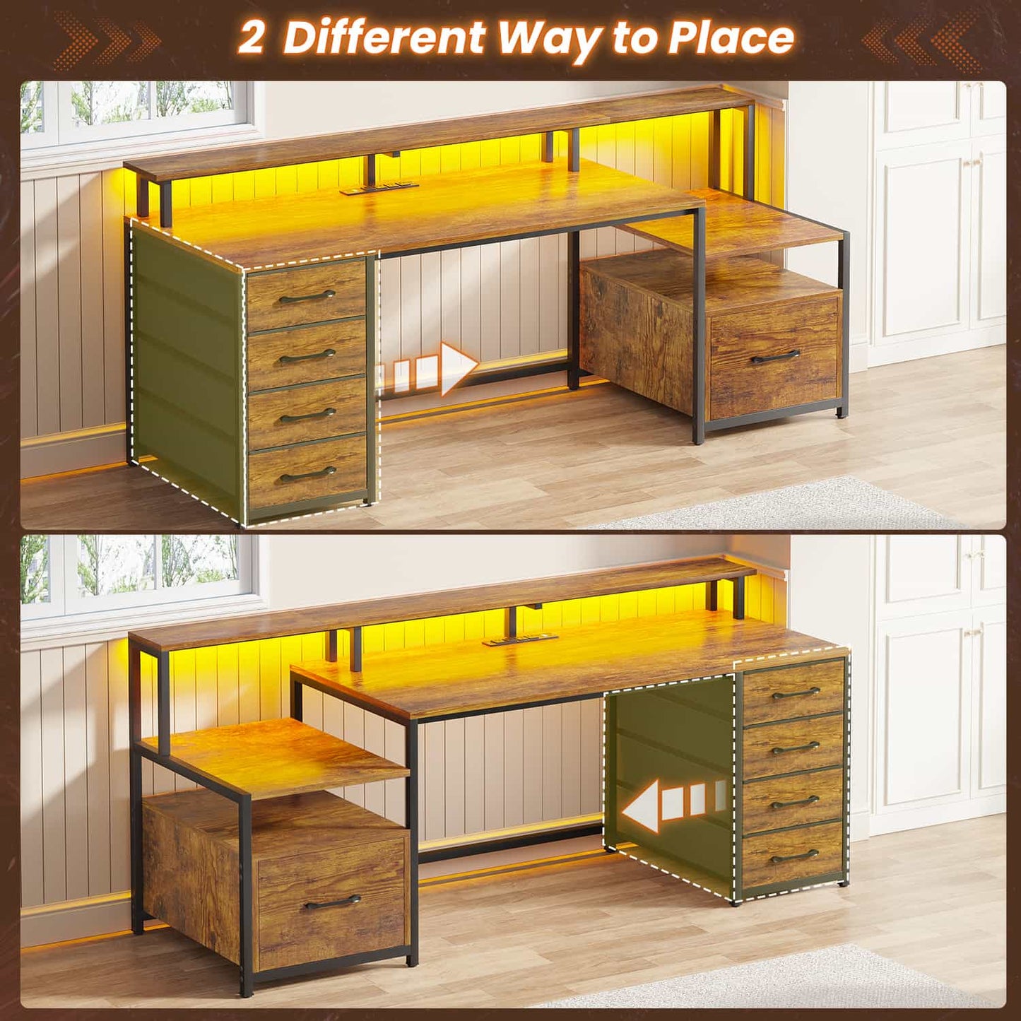 66 inches LED Gaming Desk with Monitor Shelf Brown