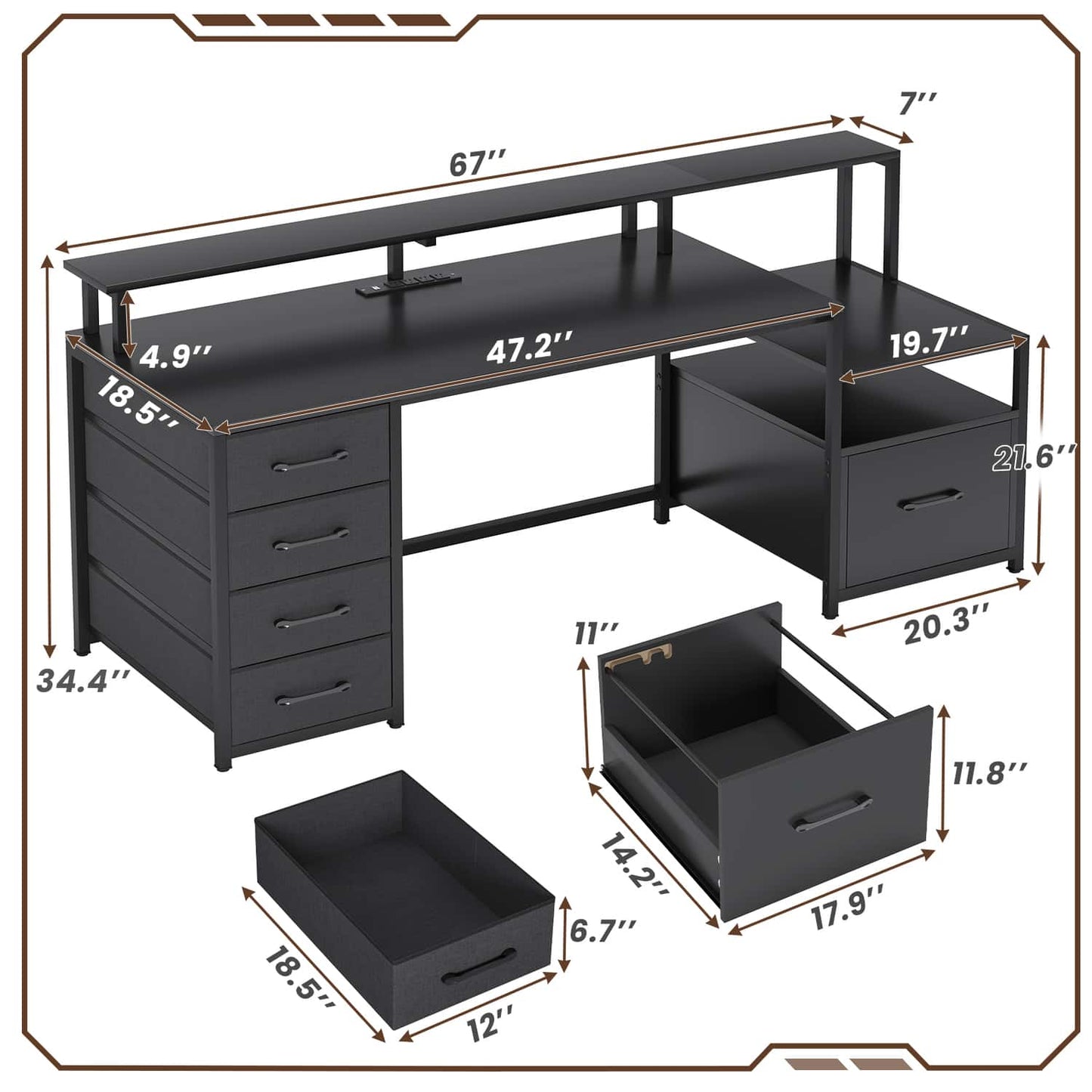 66 inches LED Gaming Desk with Monitor Shelf Black