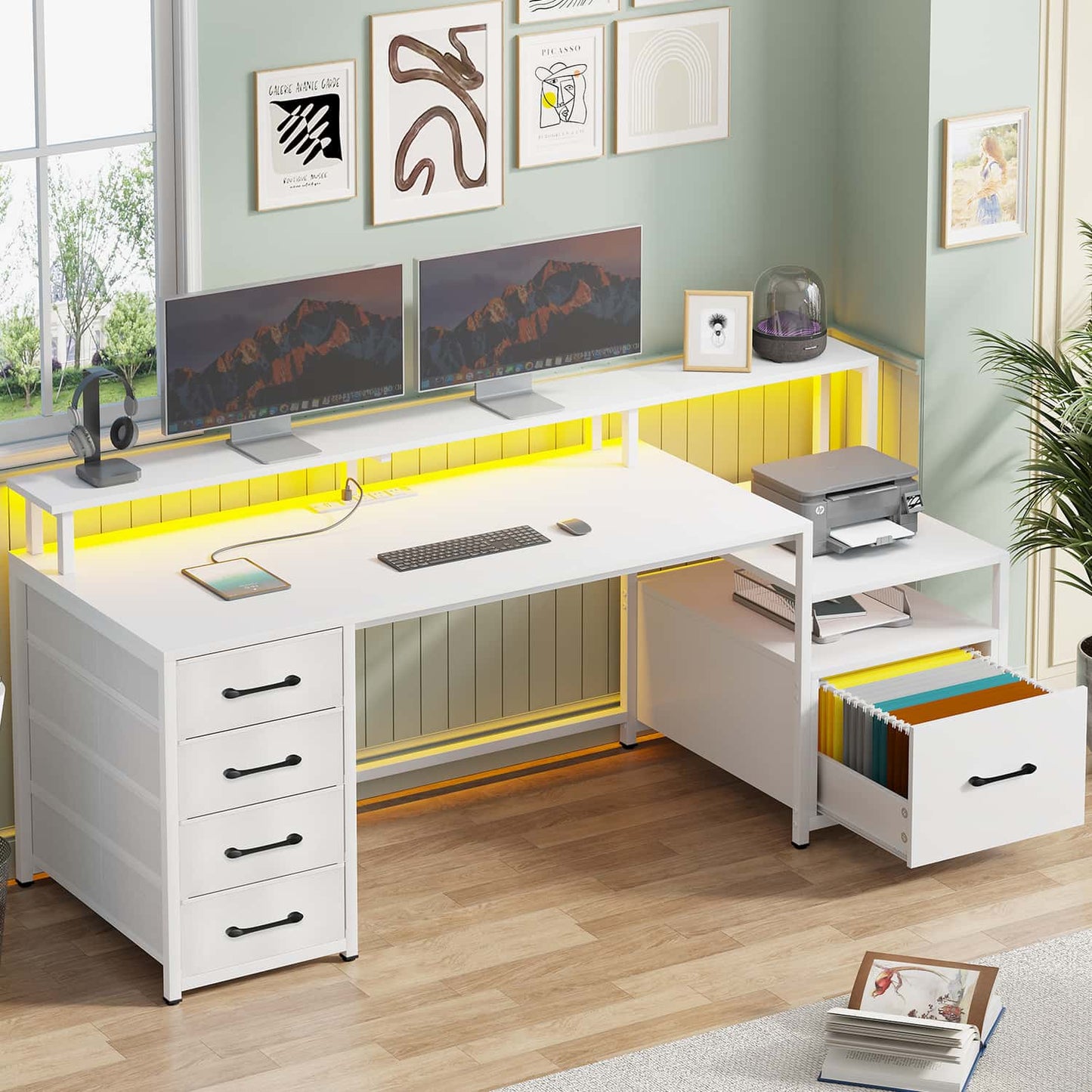 66 inches LED Gaming Desk with Monitor Shelf White