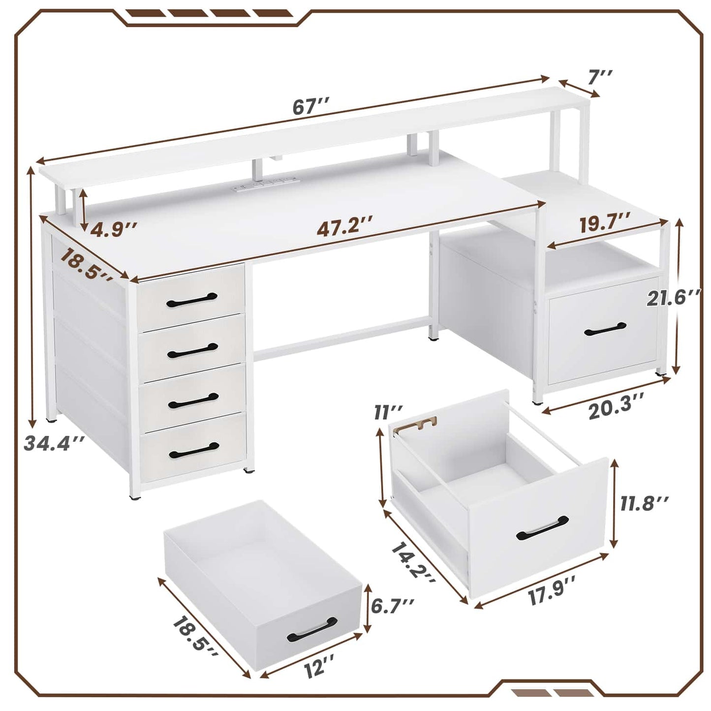 66 inches LED Gaming Desk with Monitor Shelf White