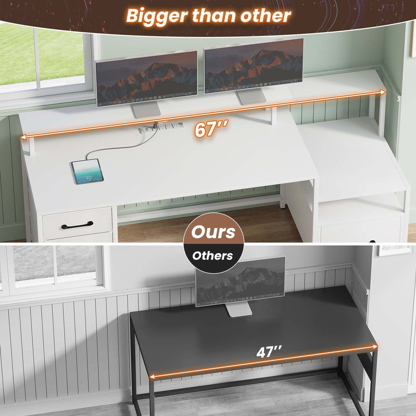 66 inches LED Gaming Desk with Monitor Shelf White