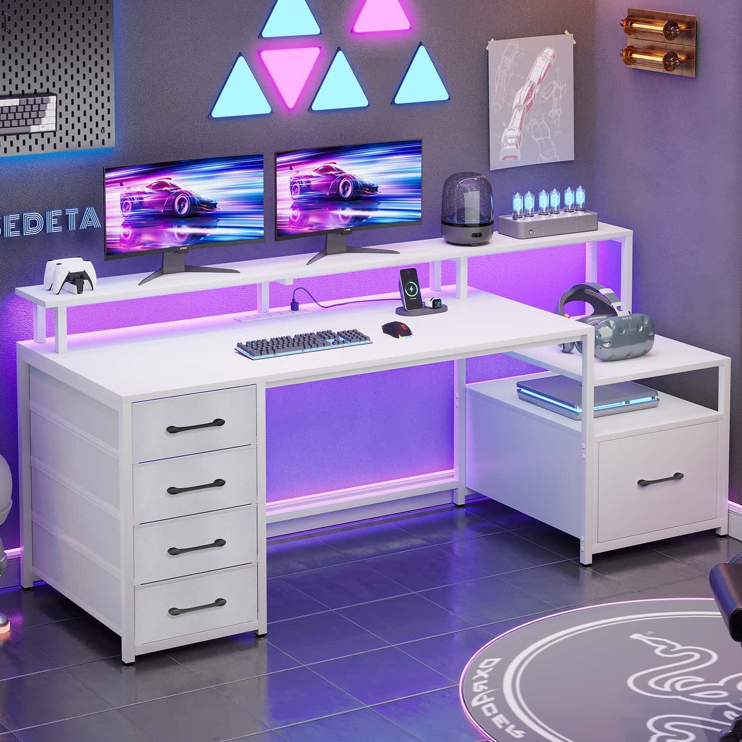 66 inches LED Gaming Desk with Monitor Shelf White