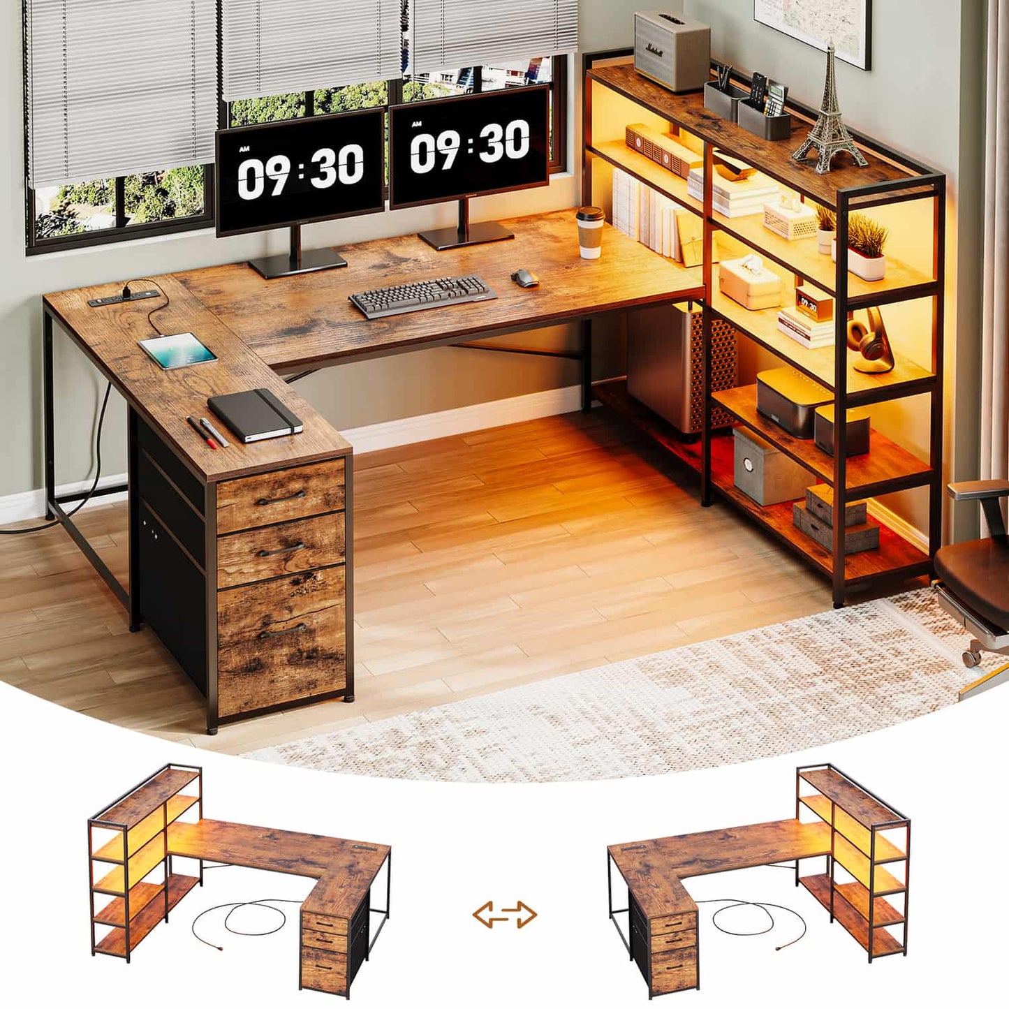 64.5 Inches Reversible U Shaped LED Gaming Desk Brown