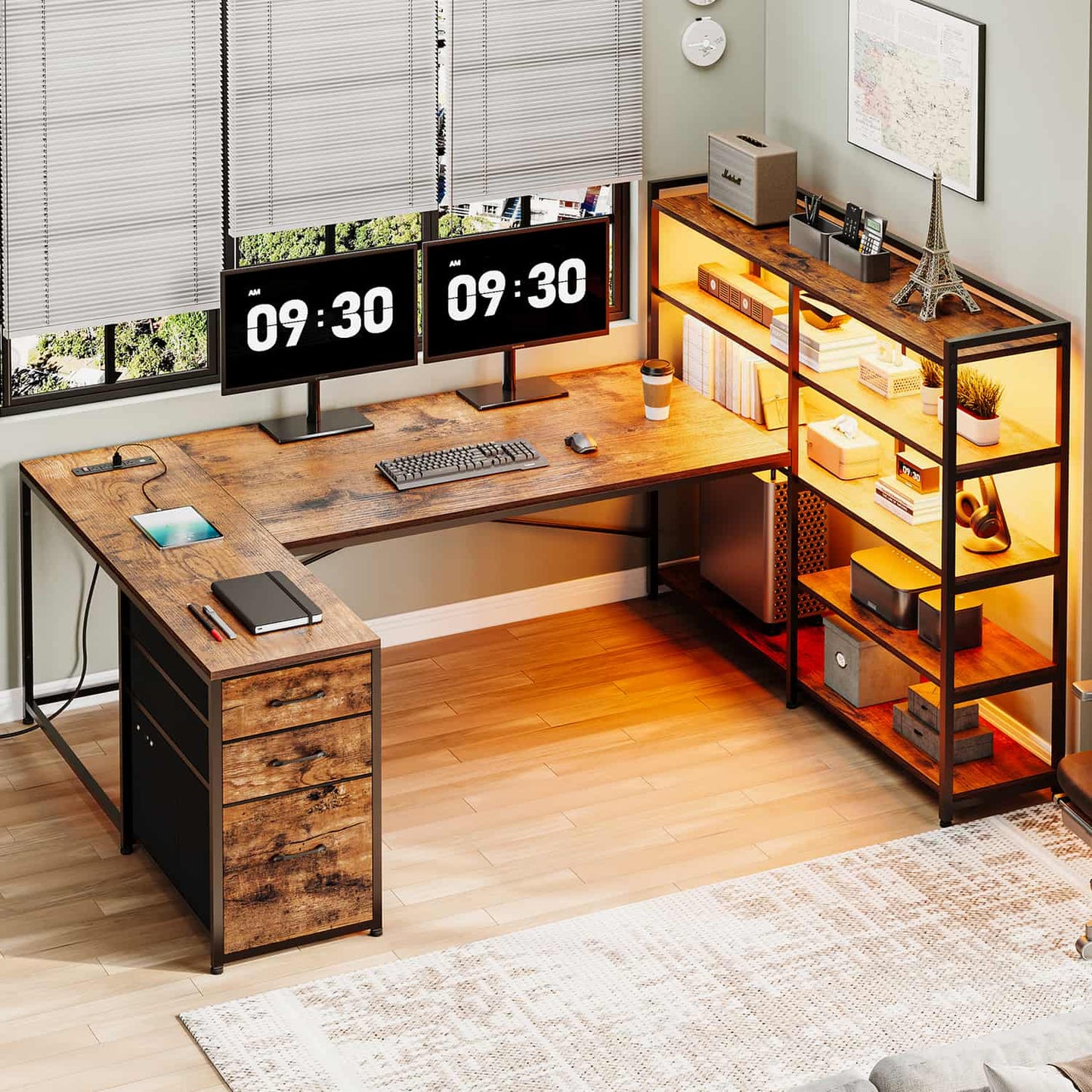 64.5 Inches Reversible U Shaped LED Gaming Desk Brown