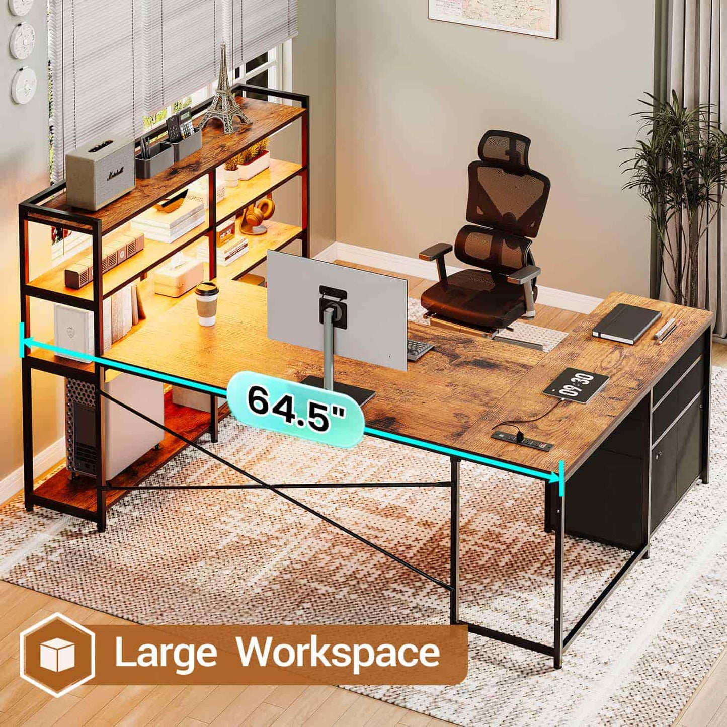 64.5 Inches Reversible U Shaped LED Gaming Desk Brown