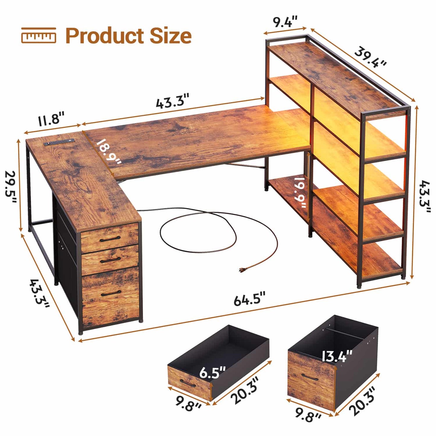 64.5 Inches Reversible U Shaped LED Gaming Desk Brown