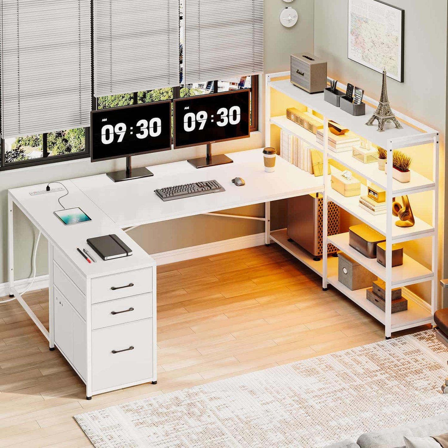 64.5 Inches Reversible U Shaped LED Gaming Desk White