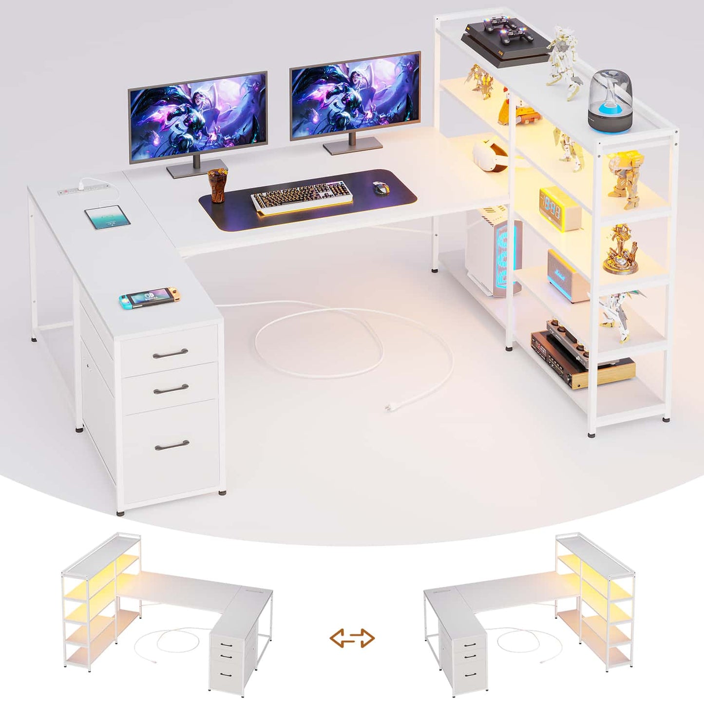 64.5 Inches Reversible U Shaped LED Gaming Desk White