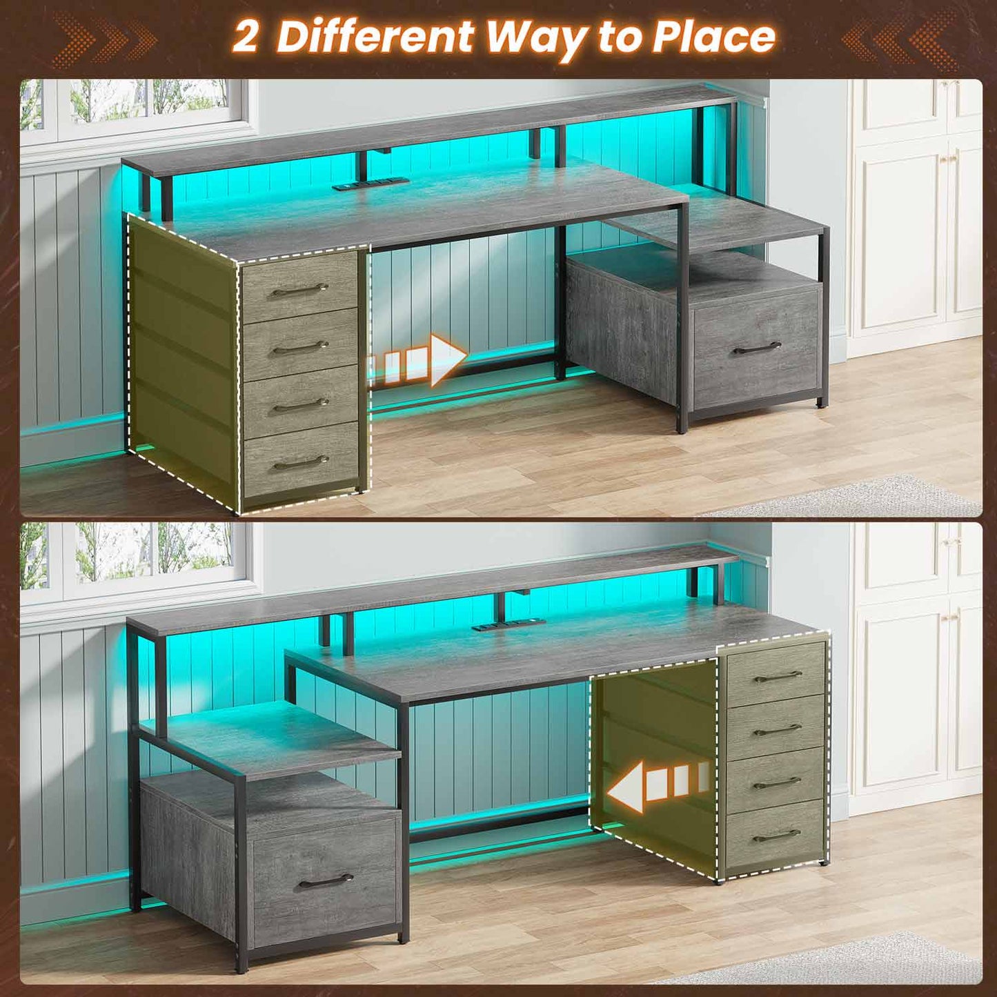 66 inches LED Gaming Desk with Monitor Shelf Grey