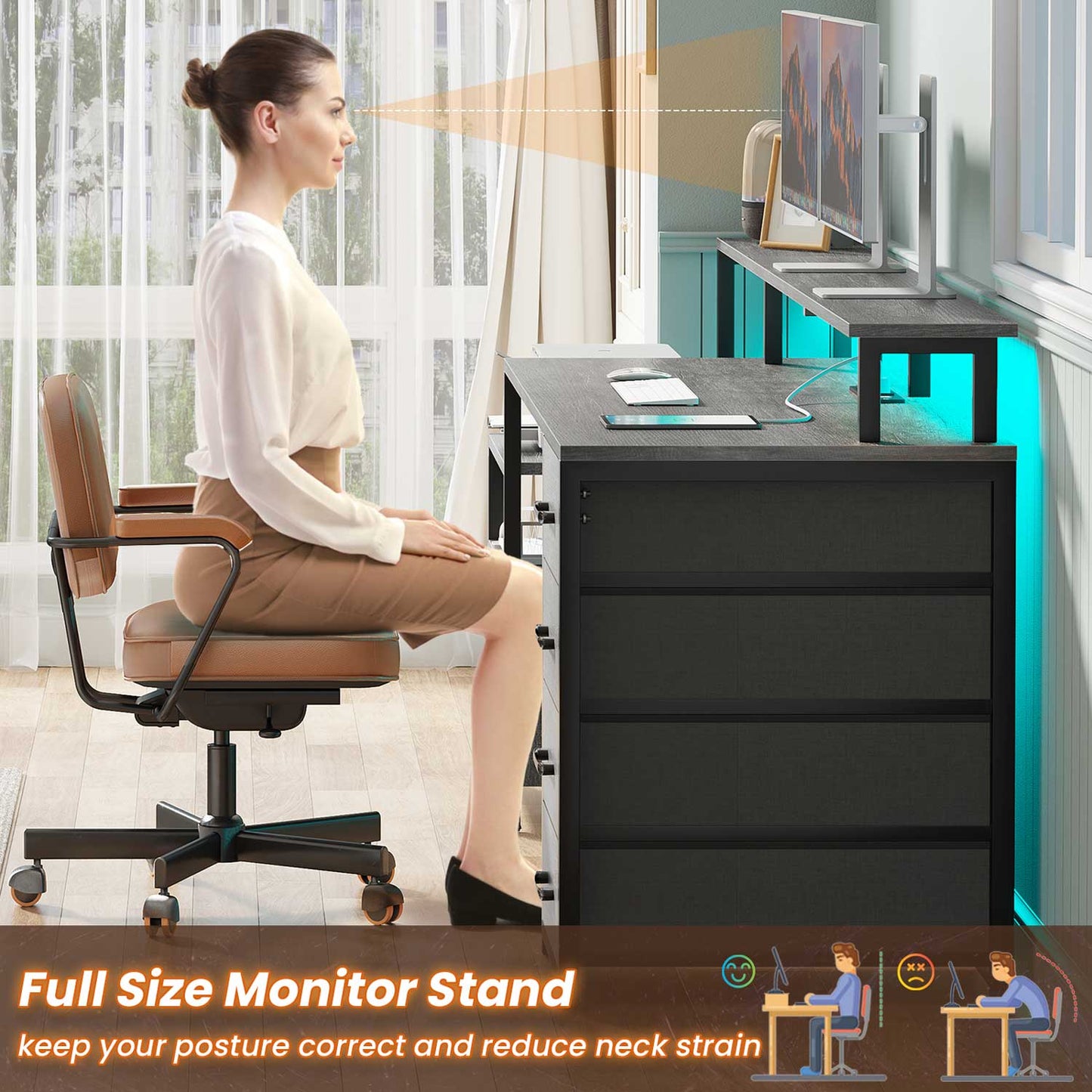 66 inches LED Gaming Desk with Monitor Shelf Grey
