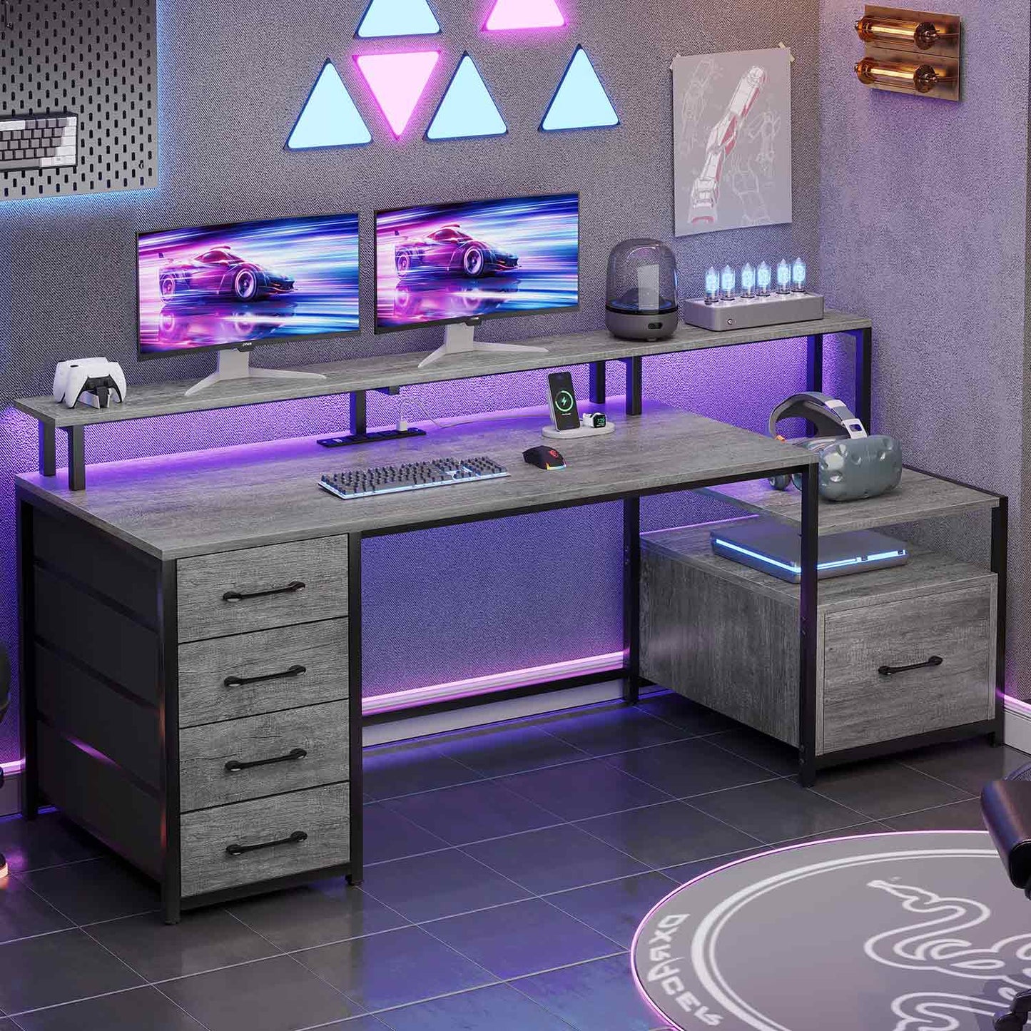 66 inches LED Gaming Desk with Monitor Shelf Grey