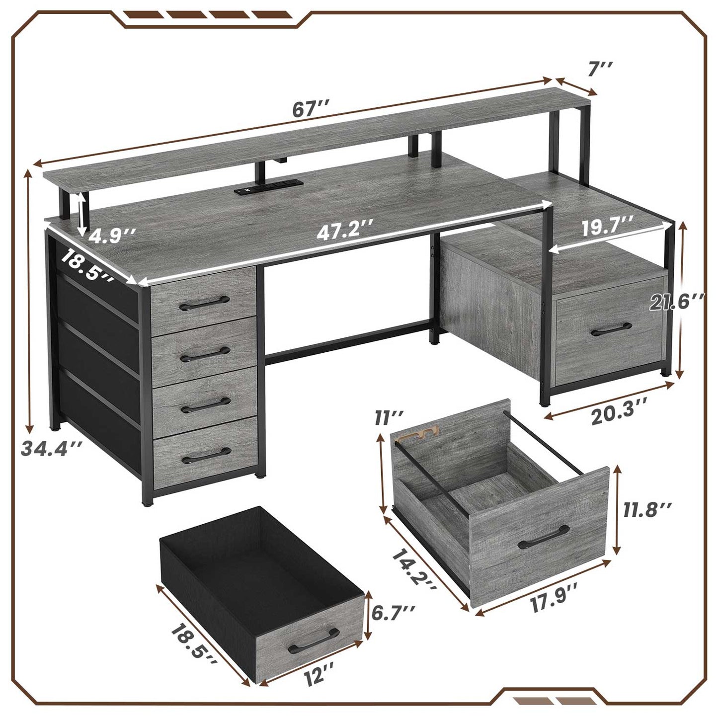 66 inches LED Gaming Desk with Monitor Shelf Grey