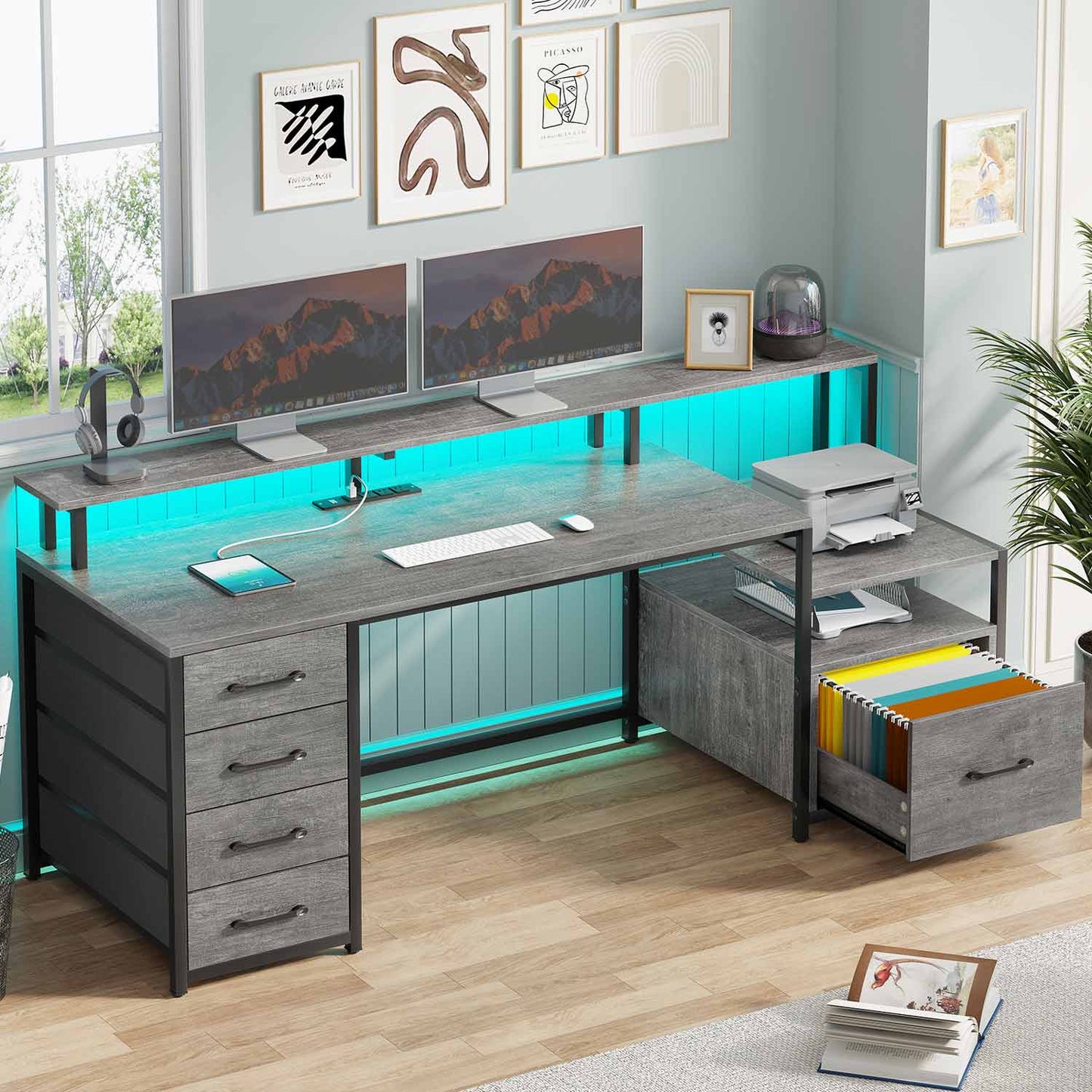 66 inches LED Gaming Desk with Monitor Shelf Grey