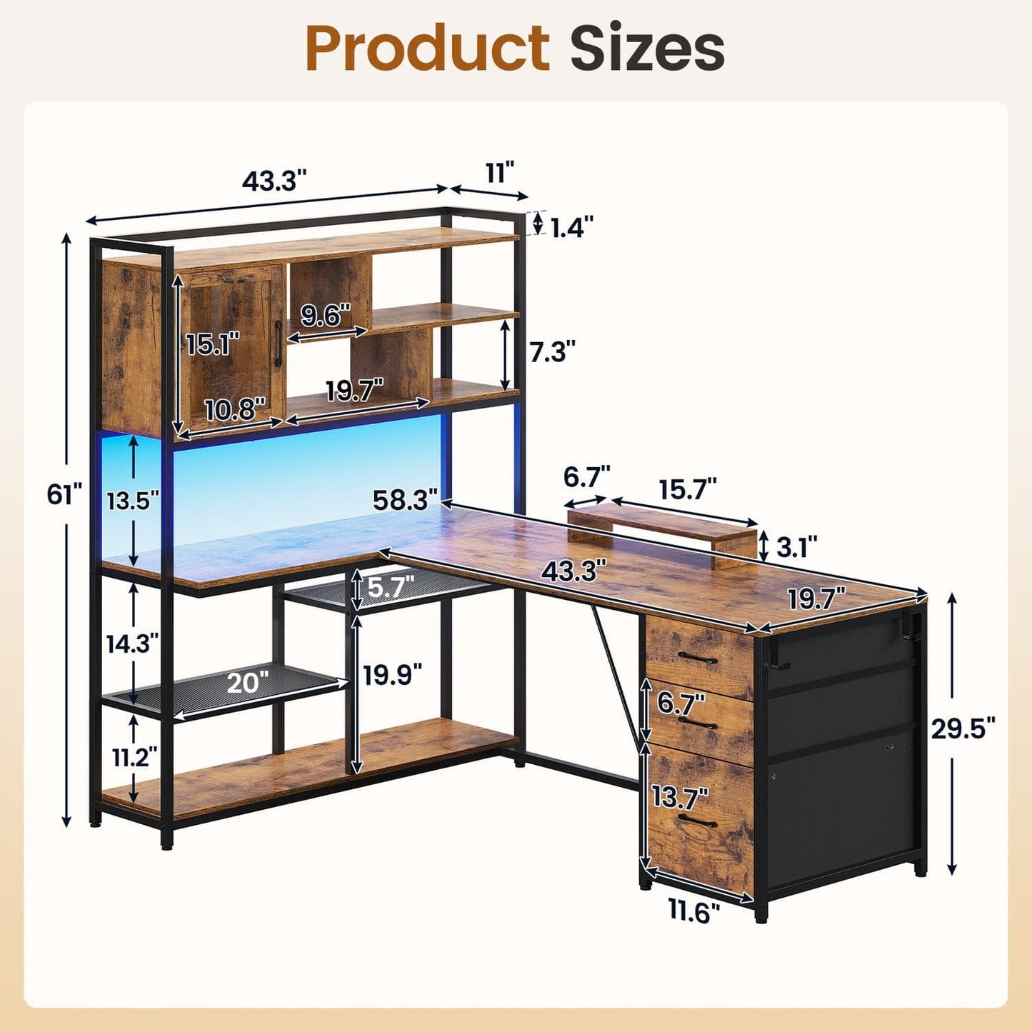 58 Inches L Shaped LED Gaming Desk Brown
