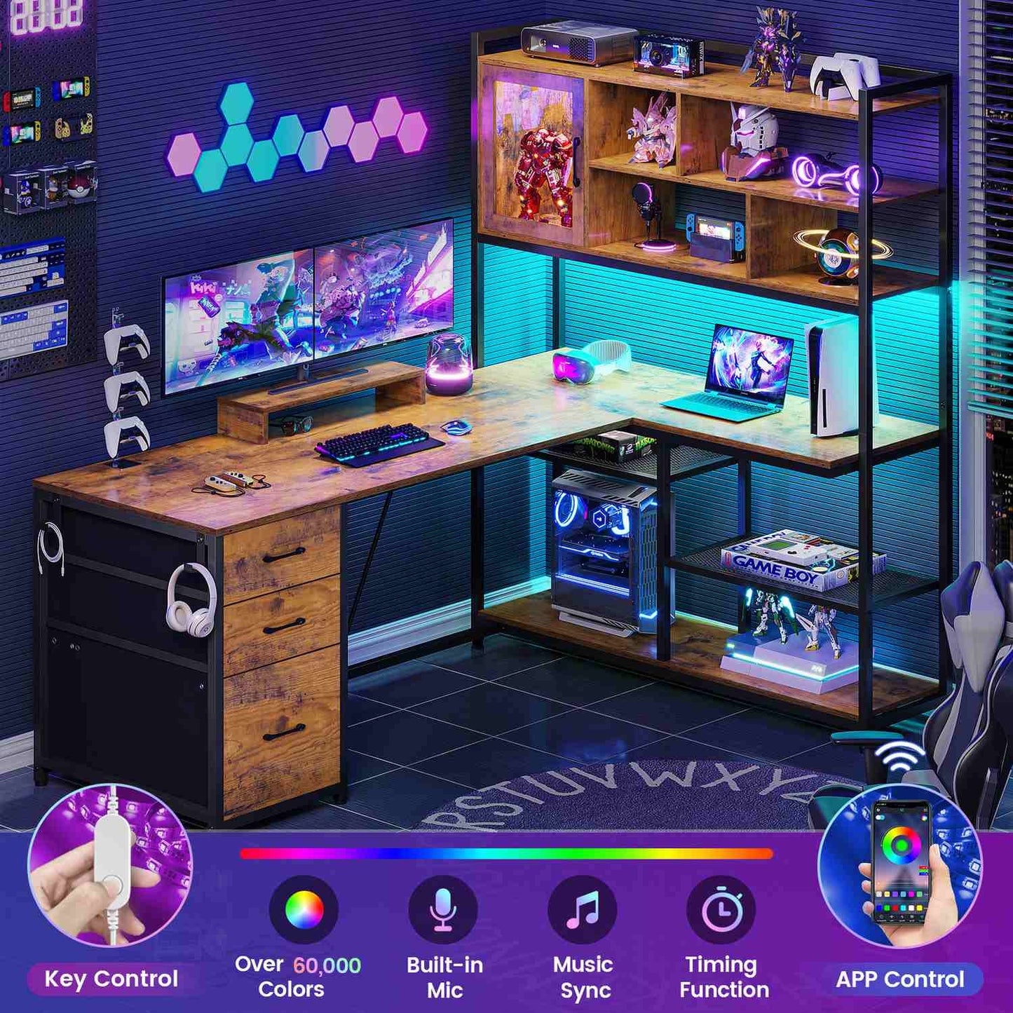 58 Inches L Shaped LED Gaming Desk Brown