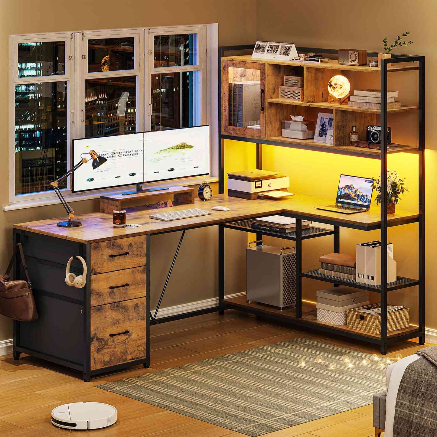 58 Inches L Shaped LED Gaming Desk Brown