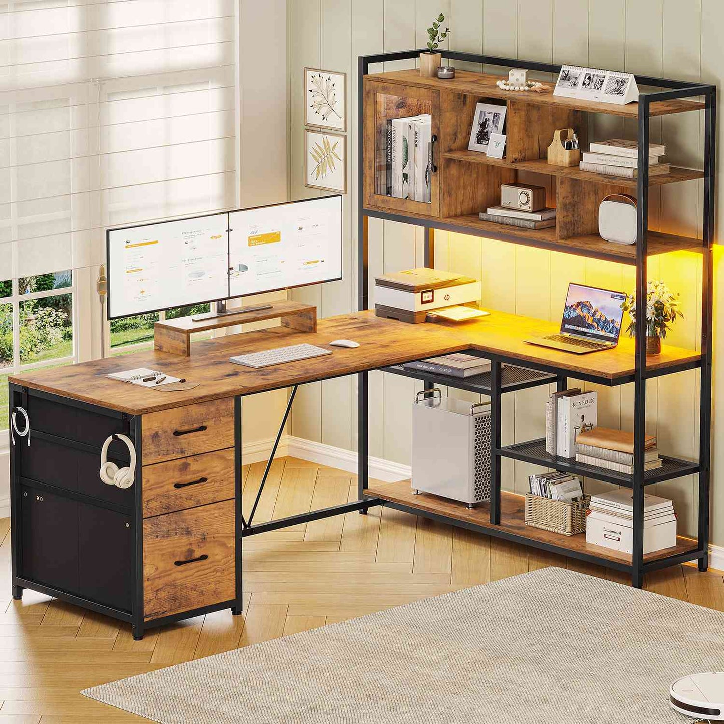 58 Inches L Shaped LED Gaming Desk Brown