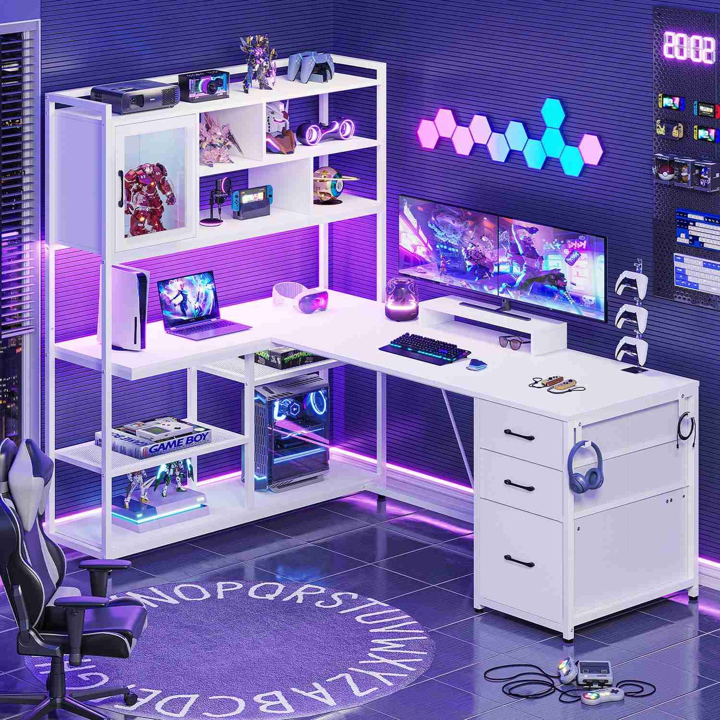 58 Inches L Shaped LED Gaming Desk White