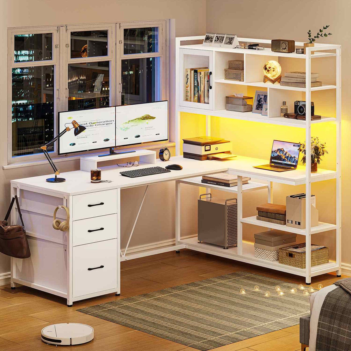 58 Inches L Shaped LED Gaming Desk White