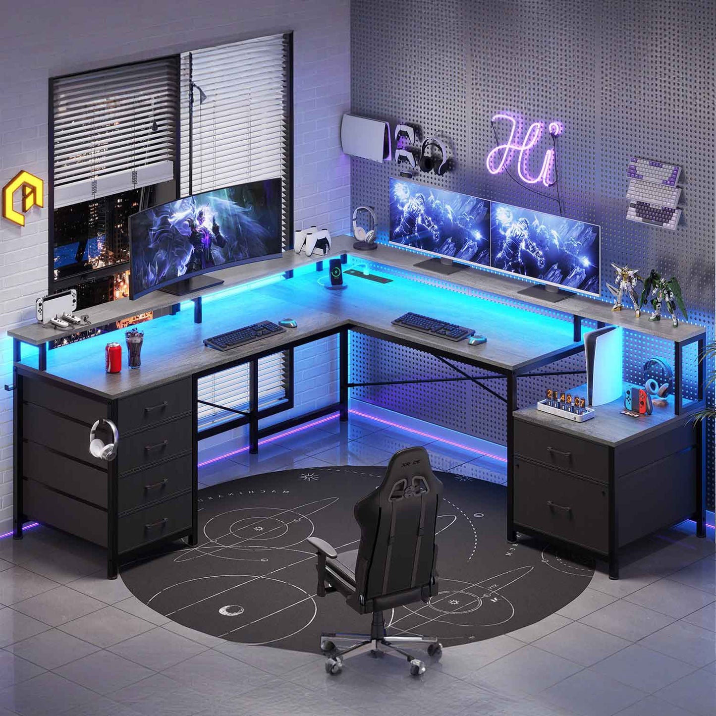 108 Inches  LED 2 Person Gaming Desk Grey