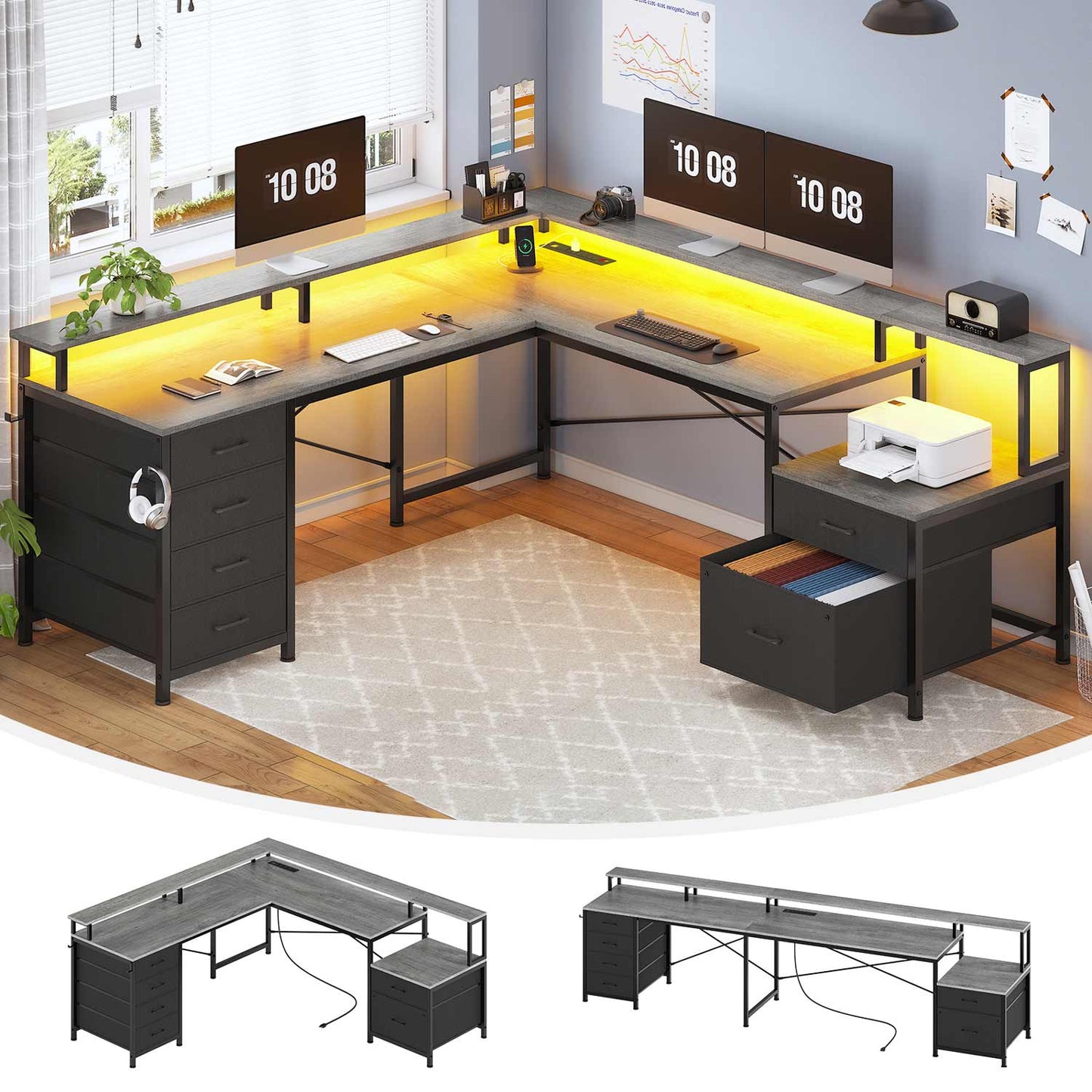 108 Inches  LED 2 Person Gaming Desk Grey