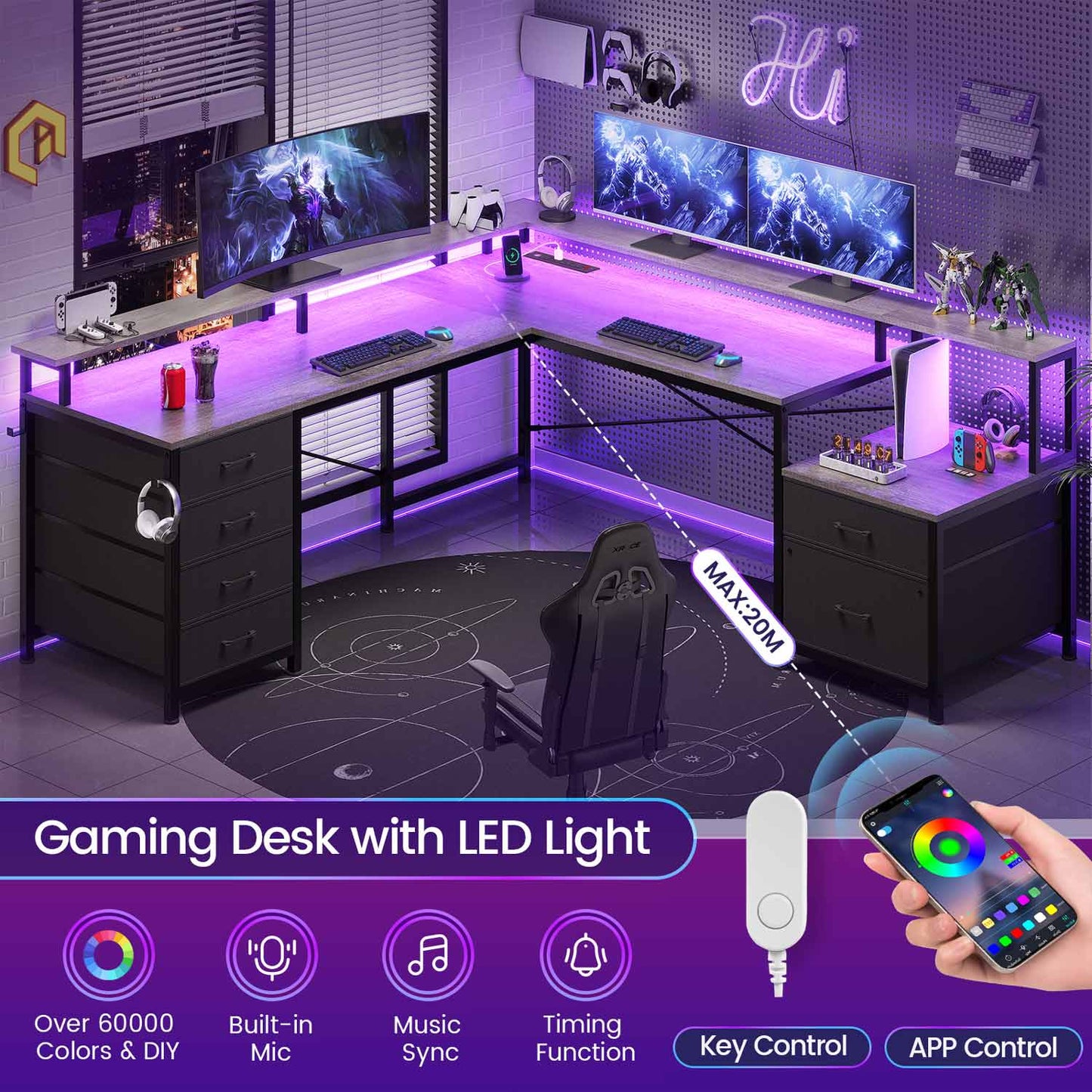 108 Inches  LED 2 Person Gaming Desk Grey