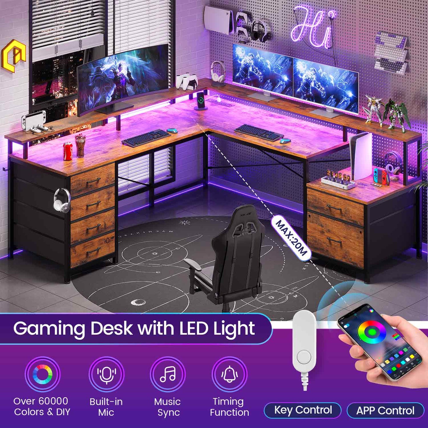 108 Inches  LED 2 Person Gaming Desk Brown