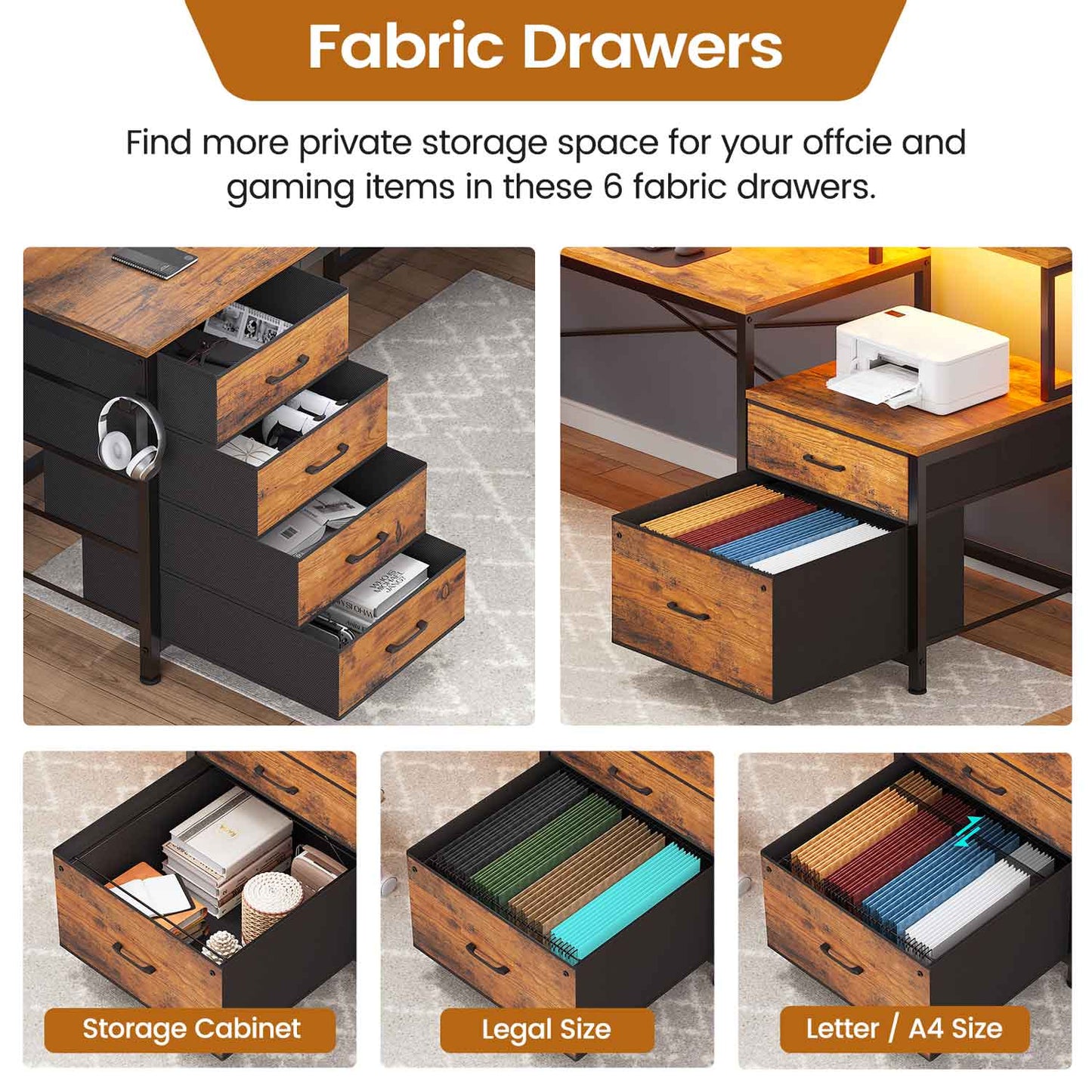108 Inches  LED 2 Person Gaming Desk Brown