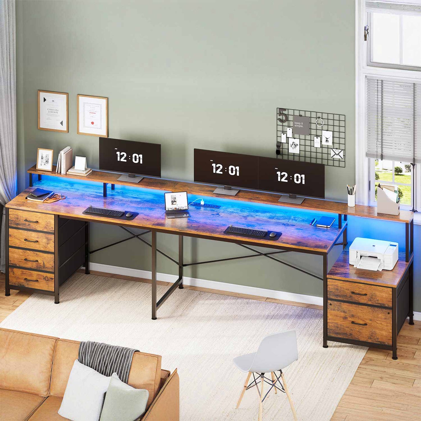 108 Inches  LED 2 Person Gaming Desk Brown