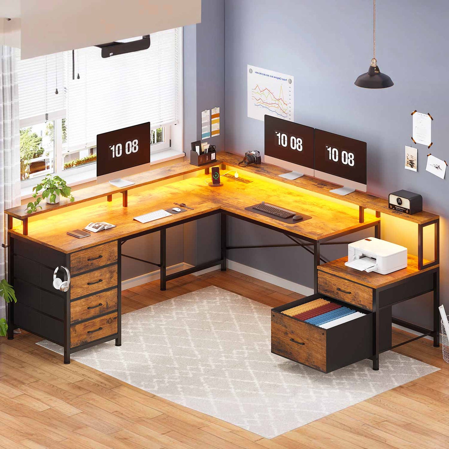 108 Inches  LED 2 Person Gaming Desk Brown