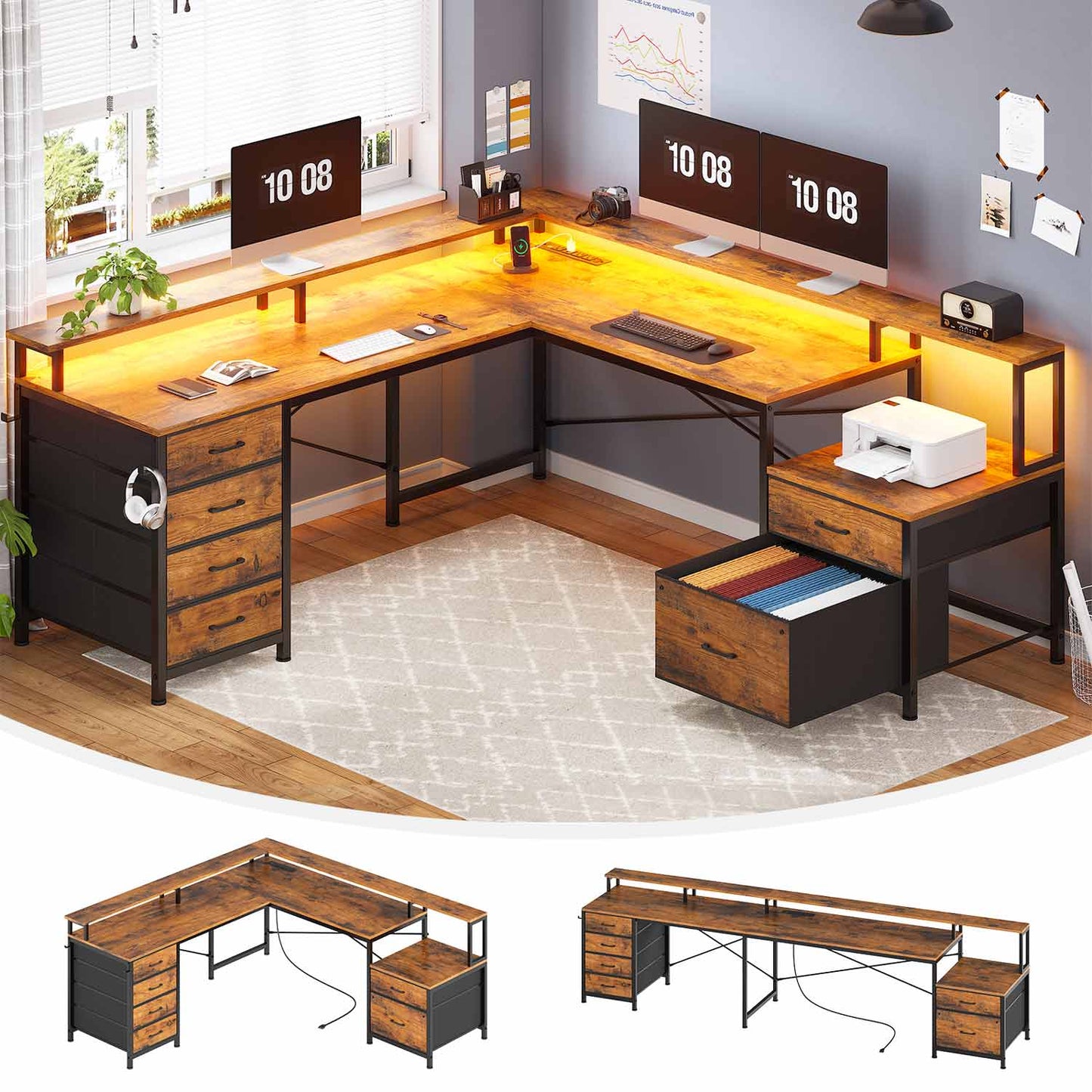 108 Inches  LED 2 Person Gaming Desk Brown