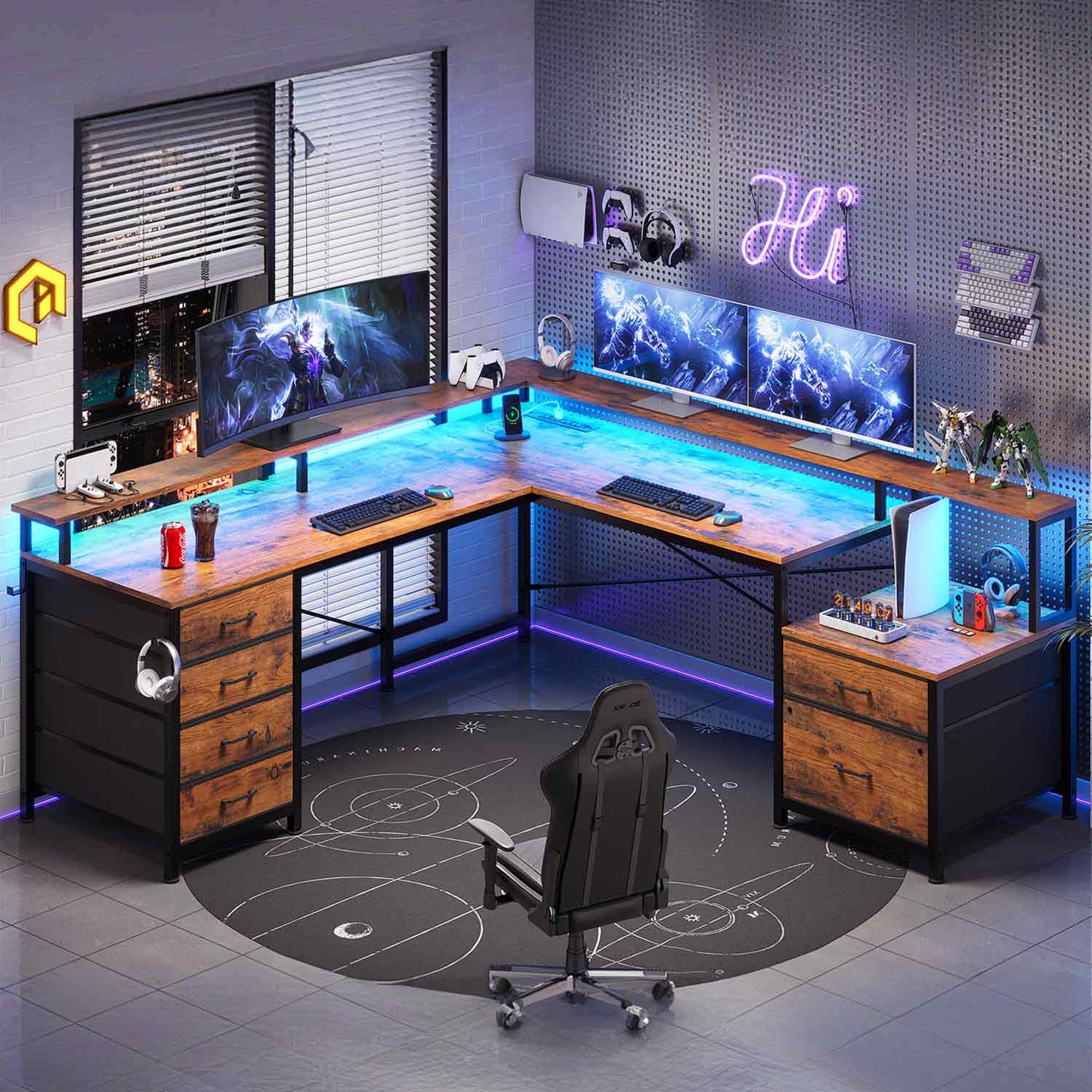 108 Inches  LED 2 Person Gaming Desk Brown
