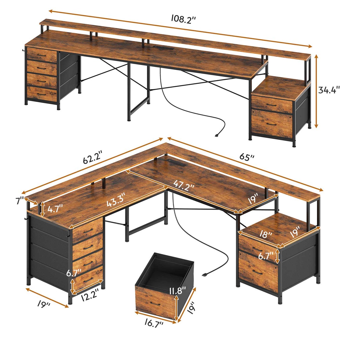 108 Inches  LED 2 Person Gaming Desk Brown